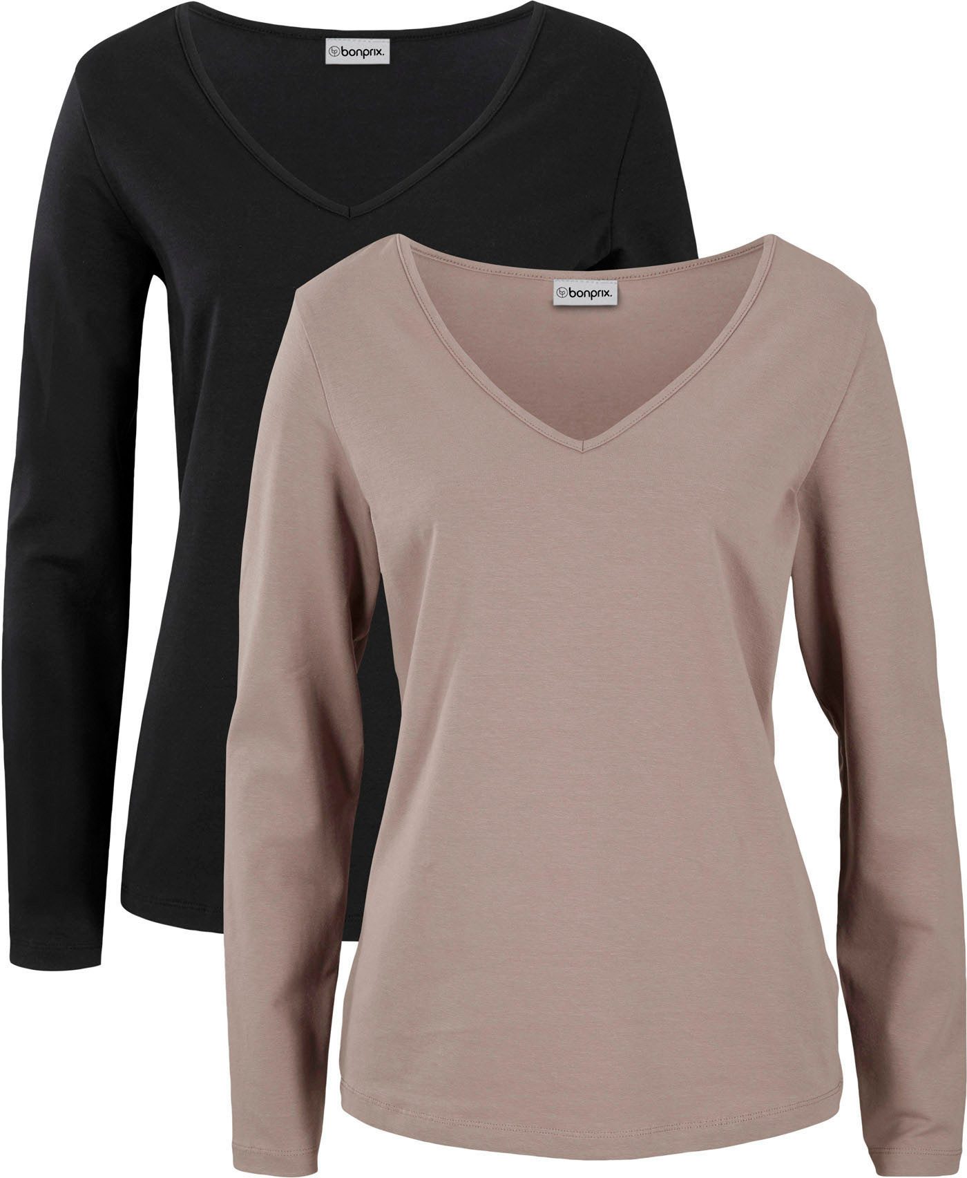 bonprix Langarmshirt (Packung, 2-tlg) Slim fit Passform, mit V-Ausschnitt, aus Baumwolle und Elasthan