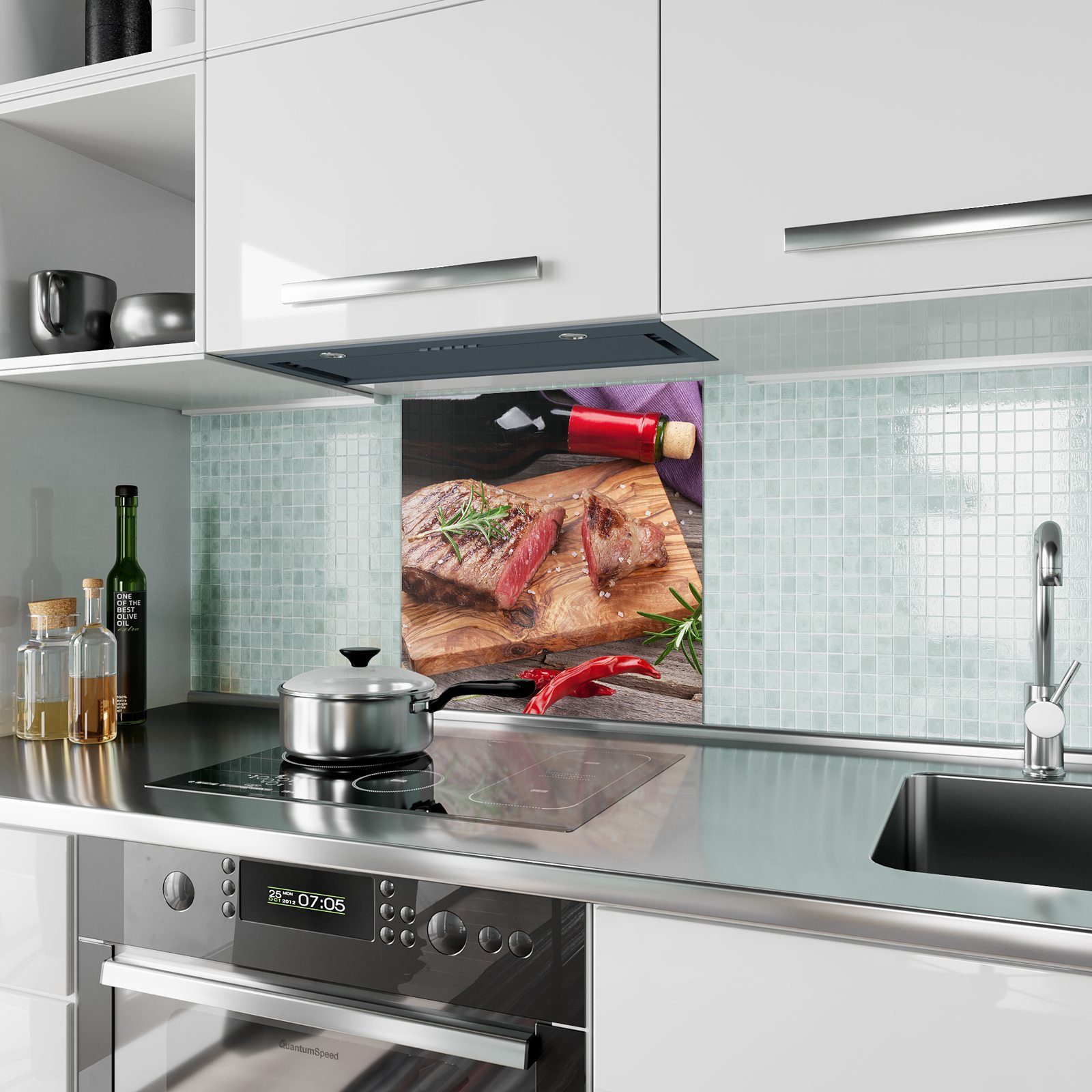 Küchenrückwand Primedeco Gegrilltes Motiv mit Glas Küchenrückwand Rindersteak Spritzschutz