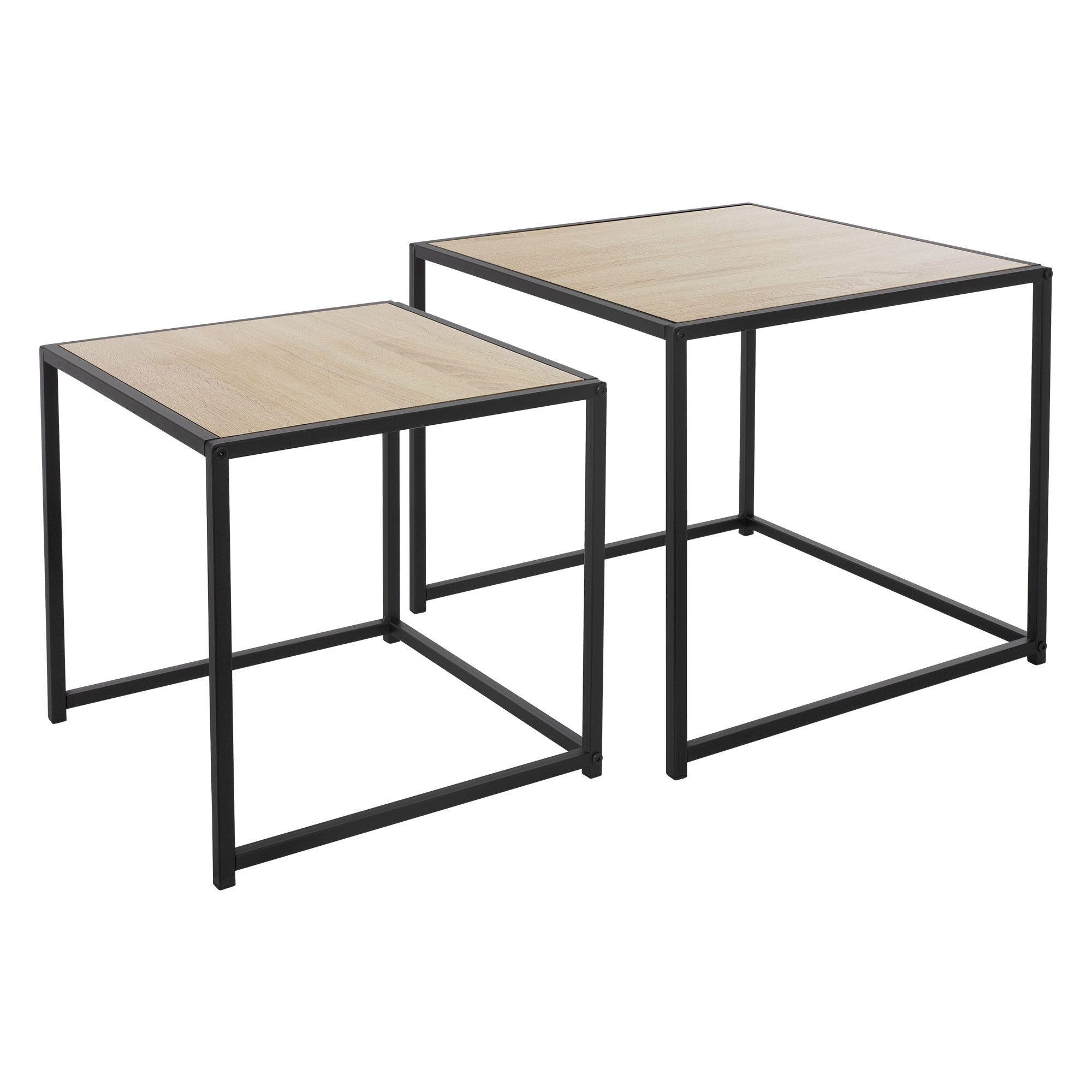 ML-DESIGN Konsolentisch Wohnzimmertisch Dekotisch Beistelltisch Sofatisch Metallgestell, Satztische 2er Set quadratisch Form Eichenoptik stapelbar