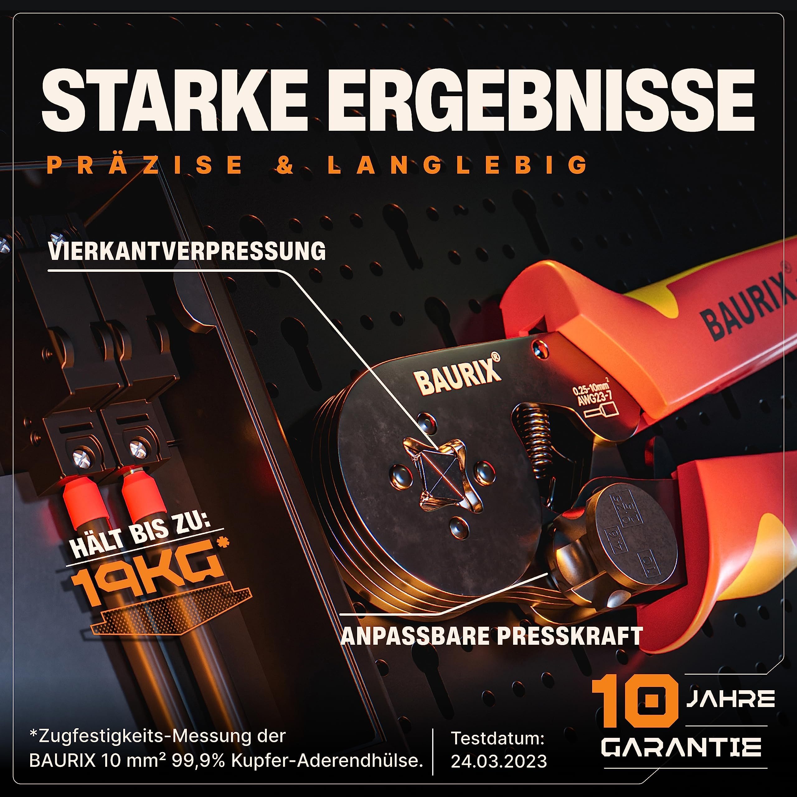 BAURIX Crimpzange mit 2000 Aderendhülsen, Aderendhülsenzange mit Kraftregler 0,25-10mm², isolierte und unisolierte Aderendhülsen 2000-tlg., Vierkant Crimpwerkzeug