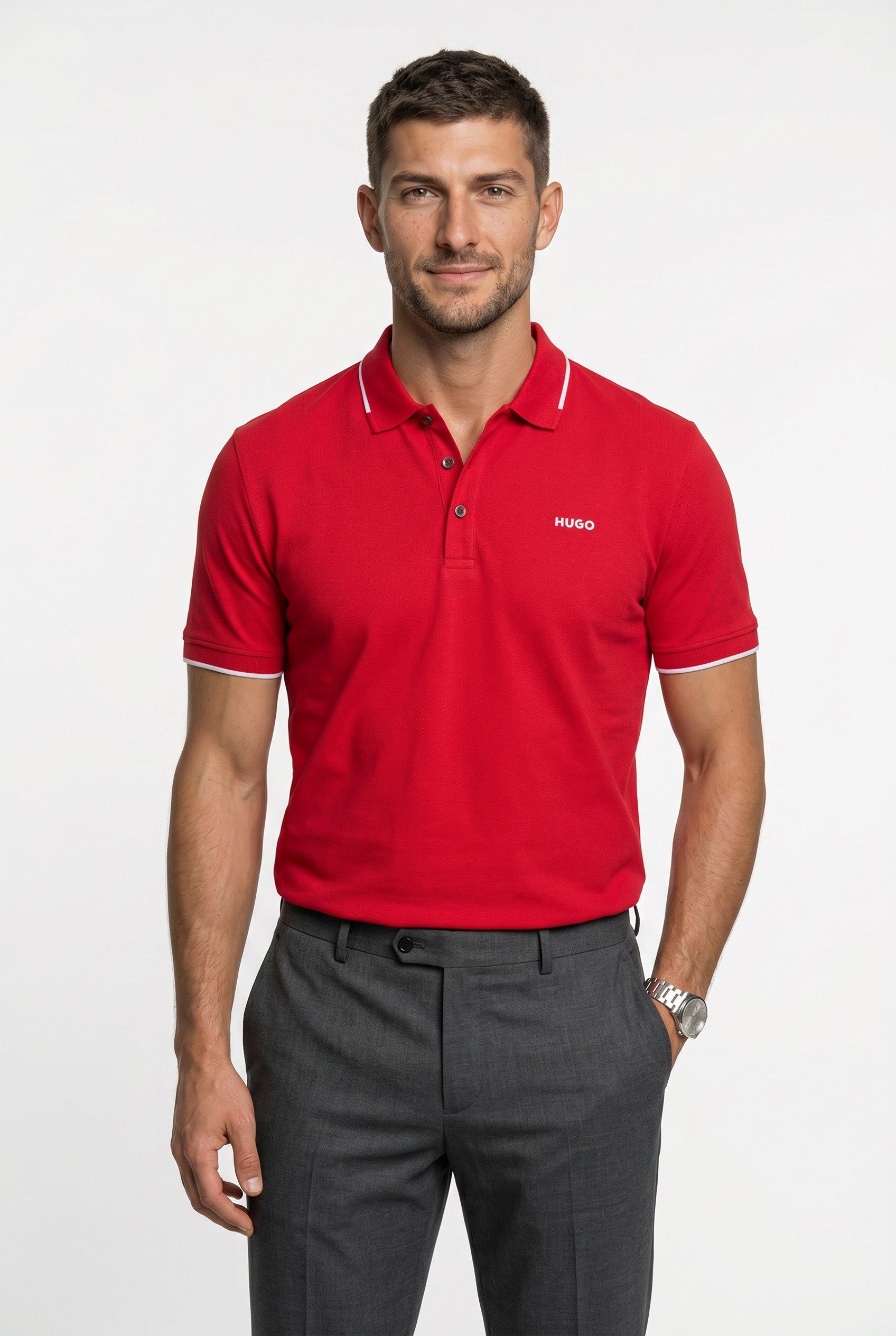 HUGO Poloshirt Dinoso Kragen mit kontrastfarbigem Streifen, Slim Fit, Logodruck