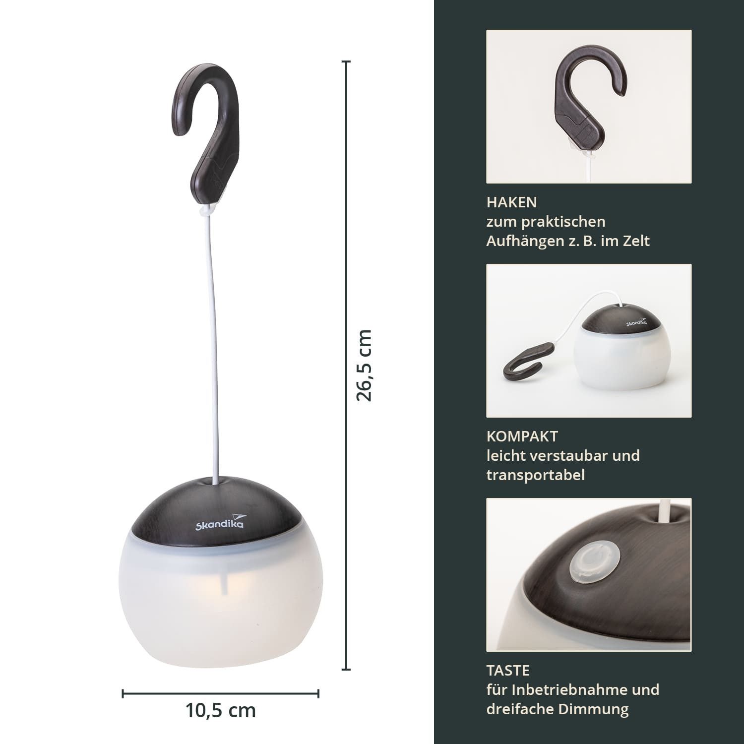 Skandika LED Gartenleuchte Campinglampe Tufjord, aufladbar, Zeltlampe, hängend, 3 Lichtmodi, 180 - 200 Lumen, 3000 K Warmweiß, Akku 2000 mAh, Micro-USB Anschluss