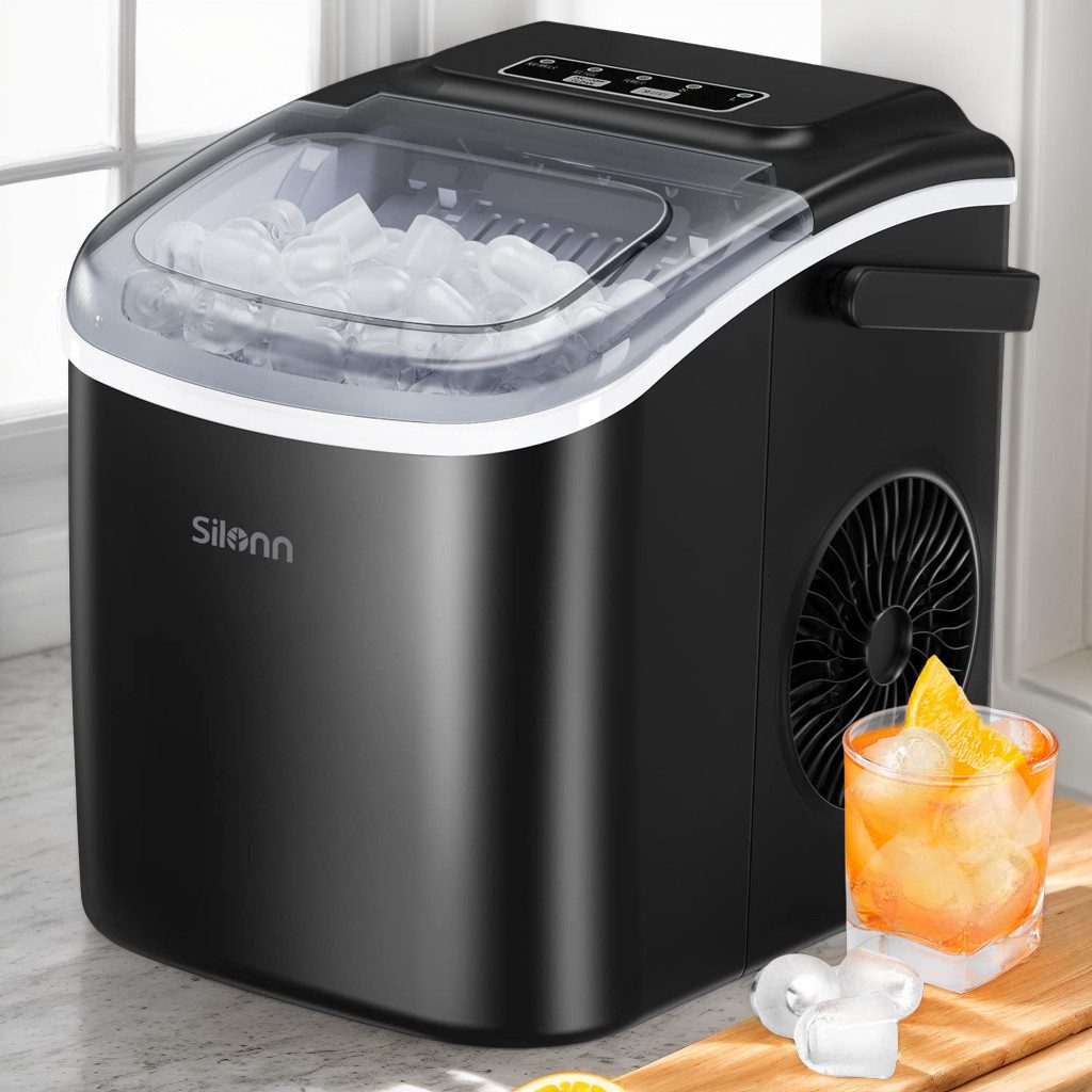 Silonn Eiswürfelmaschine Tragbar Eiswürfelbereiter – 6-minütige Eisherstellung, 2 Eisgrößen, 12kg/Tag, Selbstreinigend, LED-Anzeige – Für Haushalt, Camping & Party