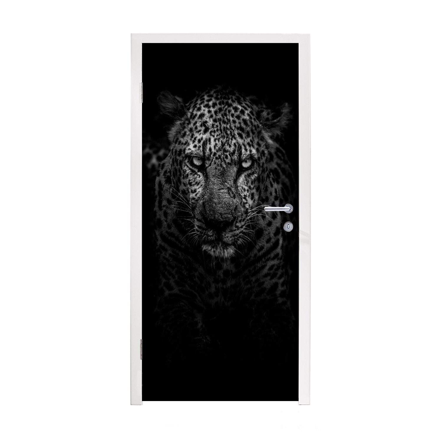 MuchoWow Türtapete Leopard - Schwarz - Weiß, Matt, bedruckt, (1 St), Fototapete für Tür, Türaufkleber, 75x205 cm