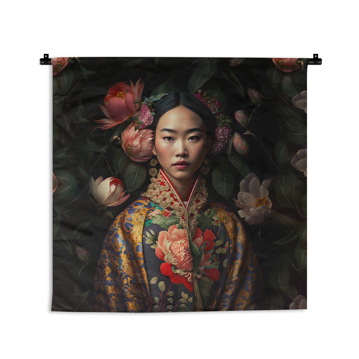 MuchoWow Wanddekoobjekt Frau - Asiatisch - Kimono - Blumen - Porträt, Wanddeko für Wohnzimmer, Schlafzimmer, Kleid, Wandbehang, Kinderzimmer