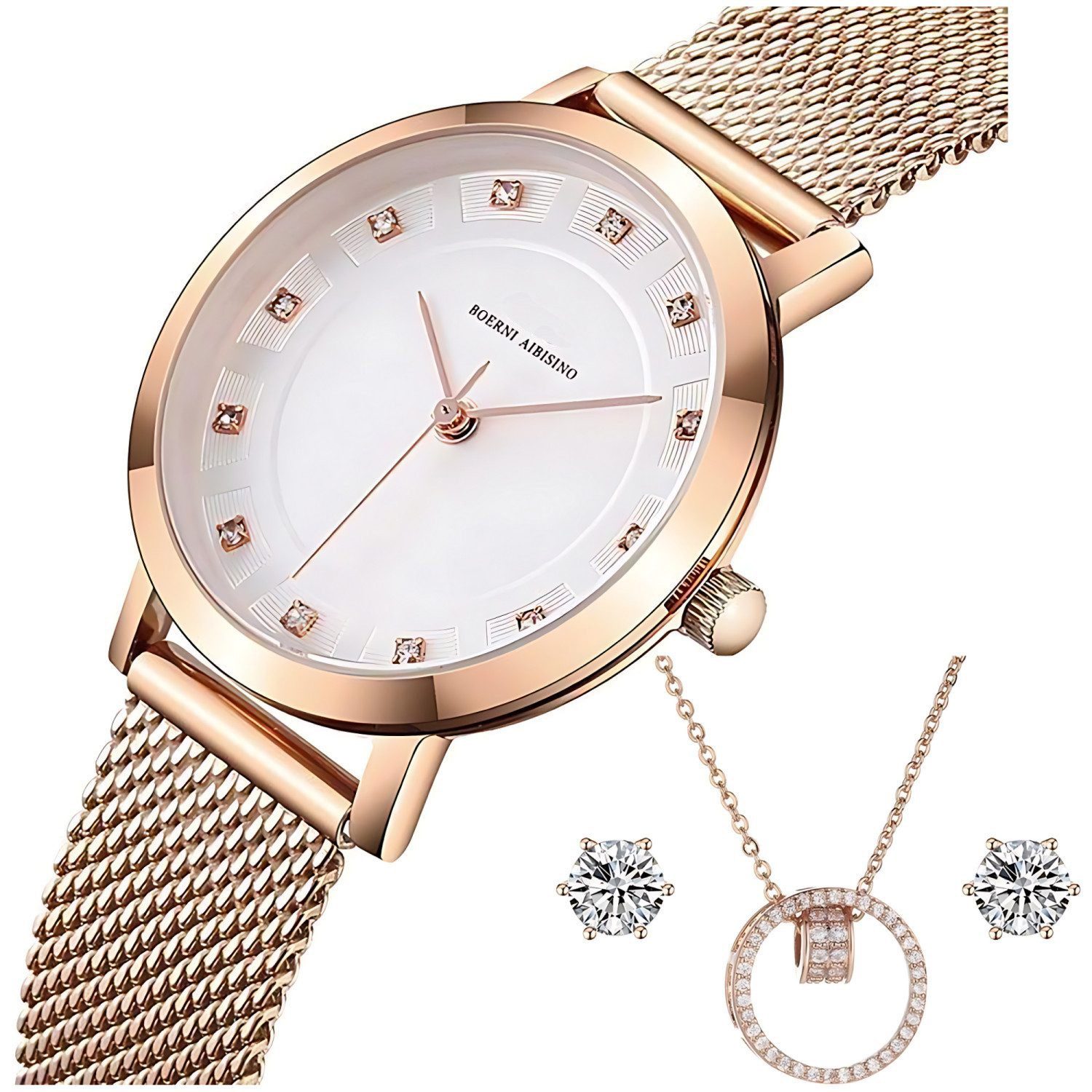 ibettertec Quarzuhr Quarzuhr, Damen Quarzuhren, Armbanduhr, Damenuhr, (mit Schmuckarmband(Set, 4-tlg), mit Halskette, Ohrstecker & Anhänger Modeschmuck Set