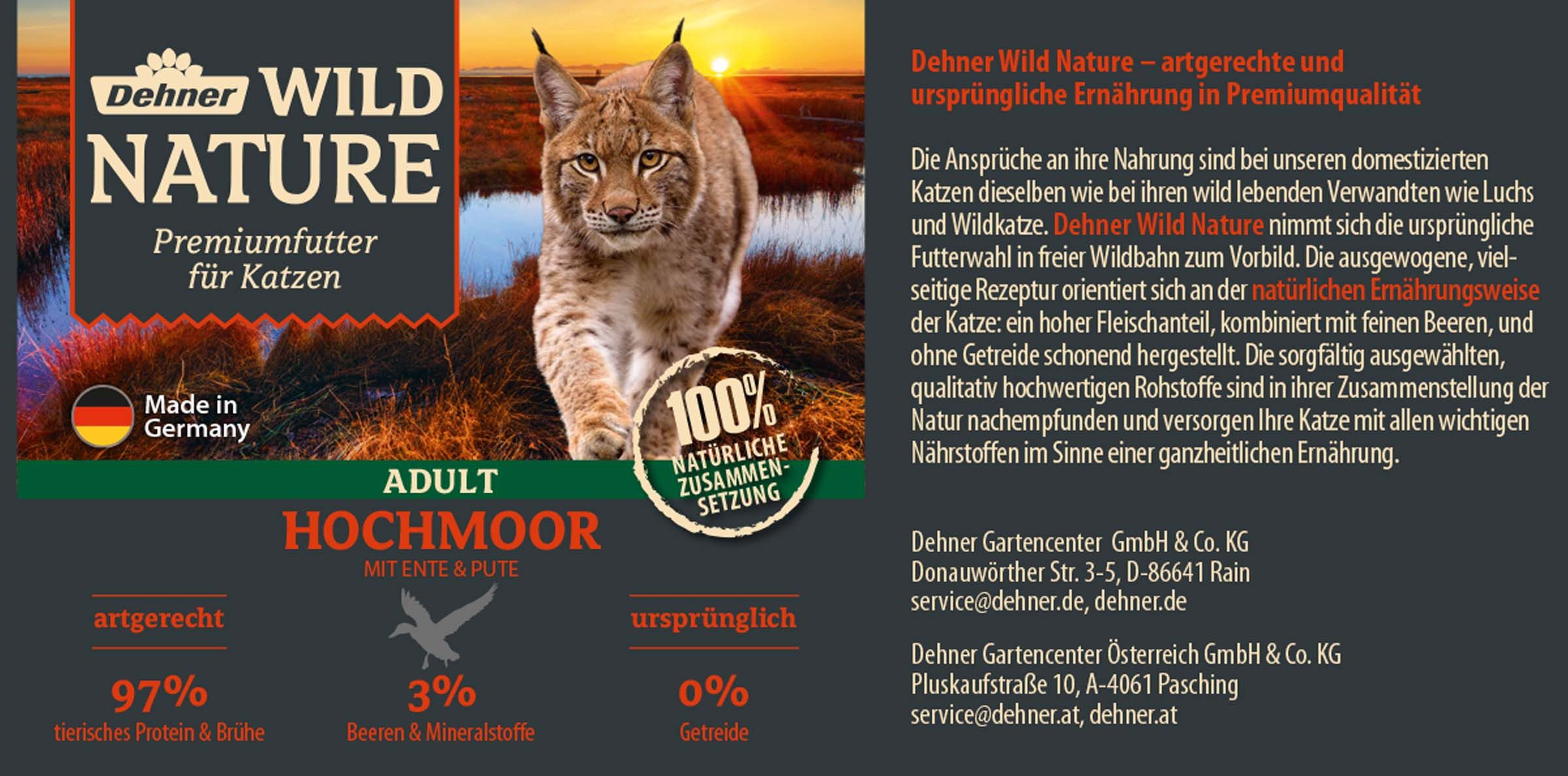 Dehner Wild Nature Hochmoor Adult Ente / Pute, 6 x 200 / 400g Dose Ente, Nassfutter für: Katze, Nassfutter für ausgewachsene Katzen, glutenfrei