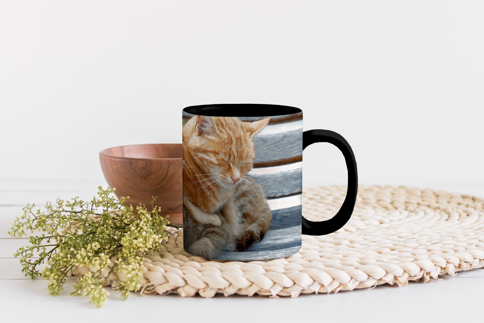 MuchoWow Tasse Holz, - Teetasse, Farbwechsel, Katzen Keramik, Geschenk Kaffeetassen, - Bank Zaubertasse