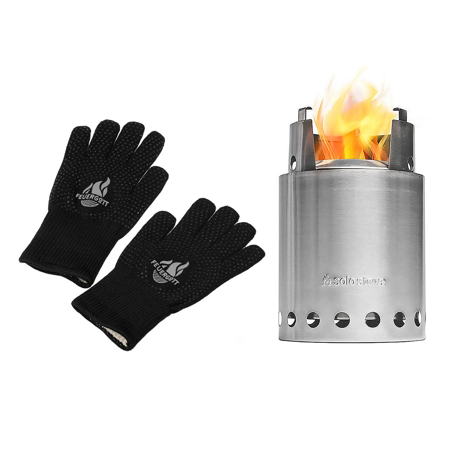 Feuergott Holzkohlegrill FEUERGOTT Grillhandschuhe + Solo Stove Titan Campingkocher