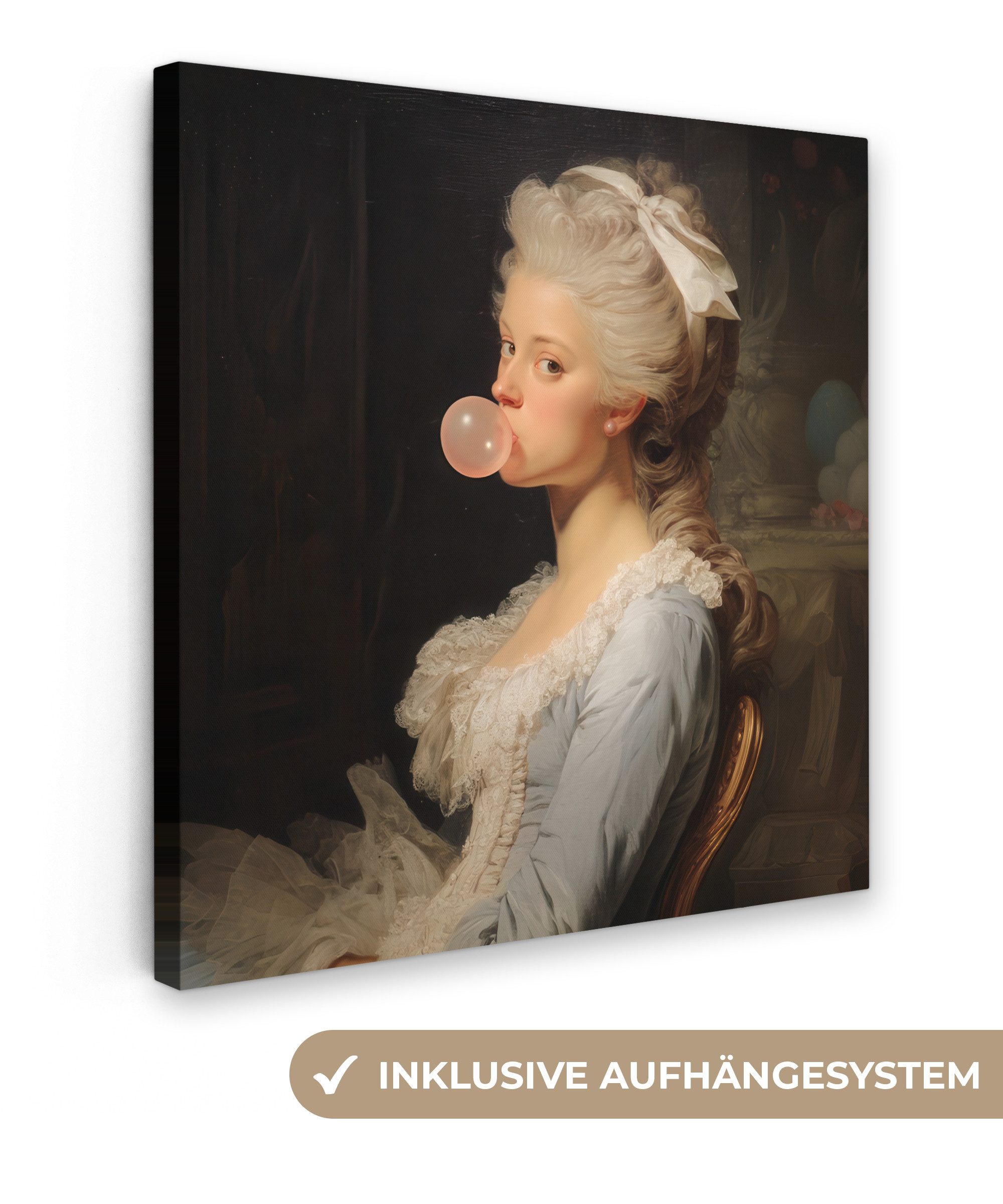 OneMillionCanvasses® Leinwandbild Frau - Barockes Kleid - Kaugummi, Fotodruck (1 St), Wandbild, Deko Schlafzimmer Wohnzimmer Flur 20x20 cm
