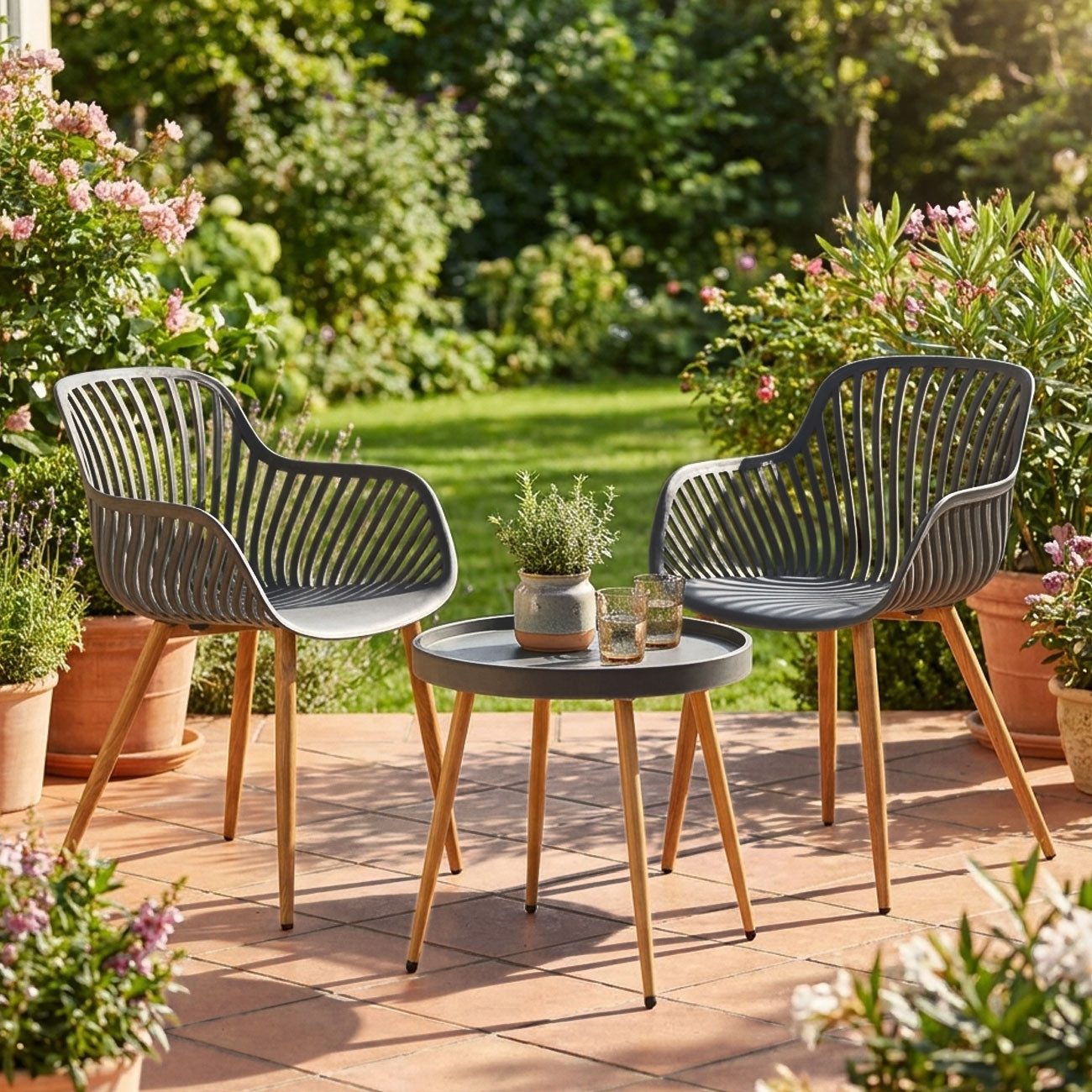 Progarden Sitzgruppe Modernes Bistro-Set 3-tlg: Graue Garten-Sitzgruppe für den Balkon, (3-tlg), Nachhaltig und umweltfreundlich