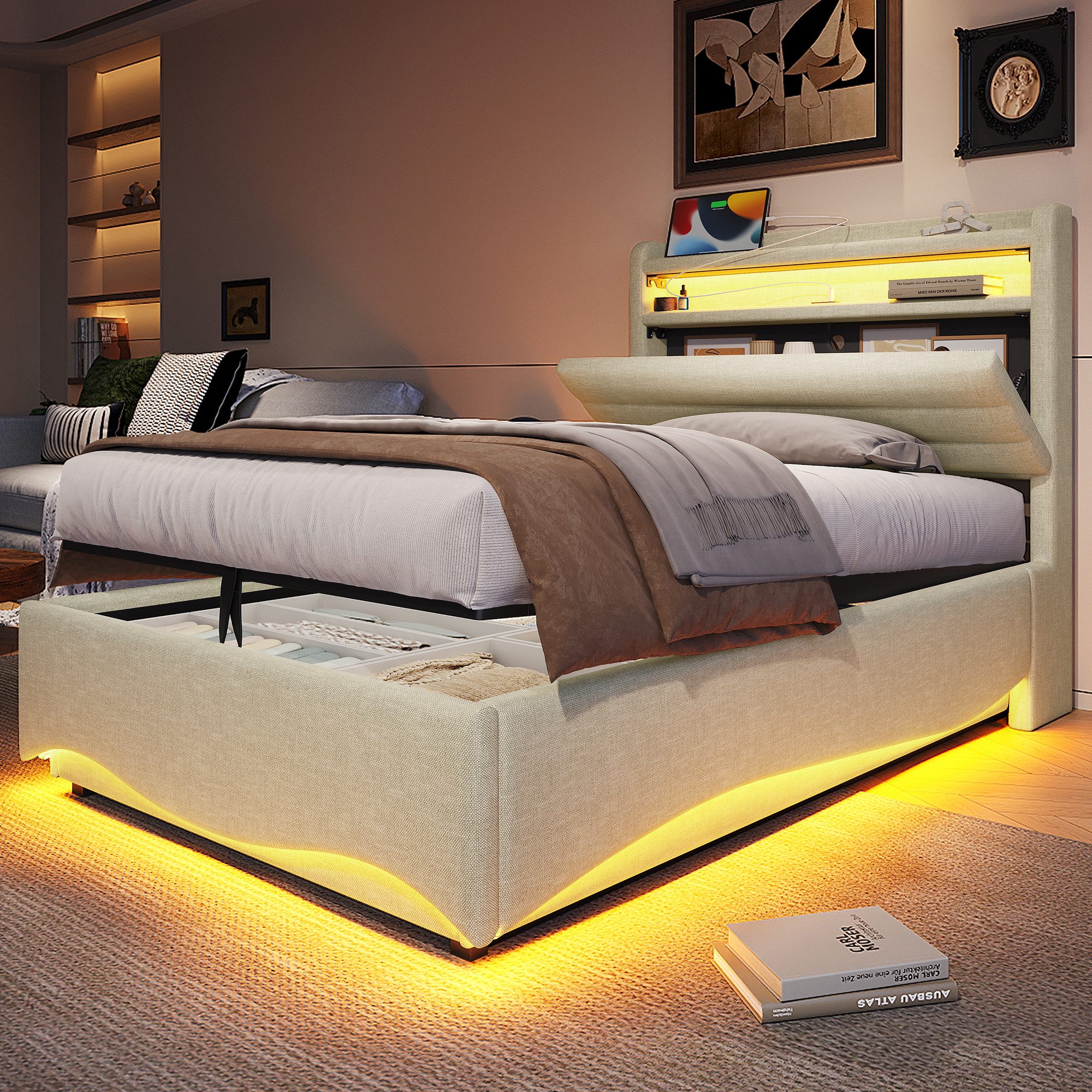 TavilaEcon Boxspringbett Polsterbett mit LED-Beleuchtung und Hydraulikmechanismus (1-St), 90x200cm, mit Ablagefach, USB-/Typ-C-Anschluss, Beige