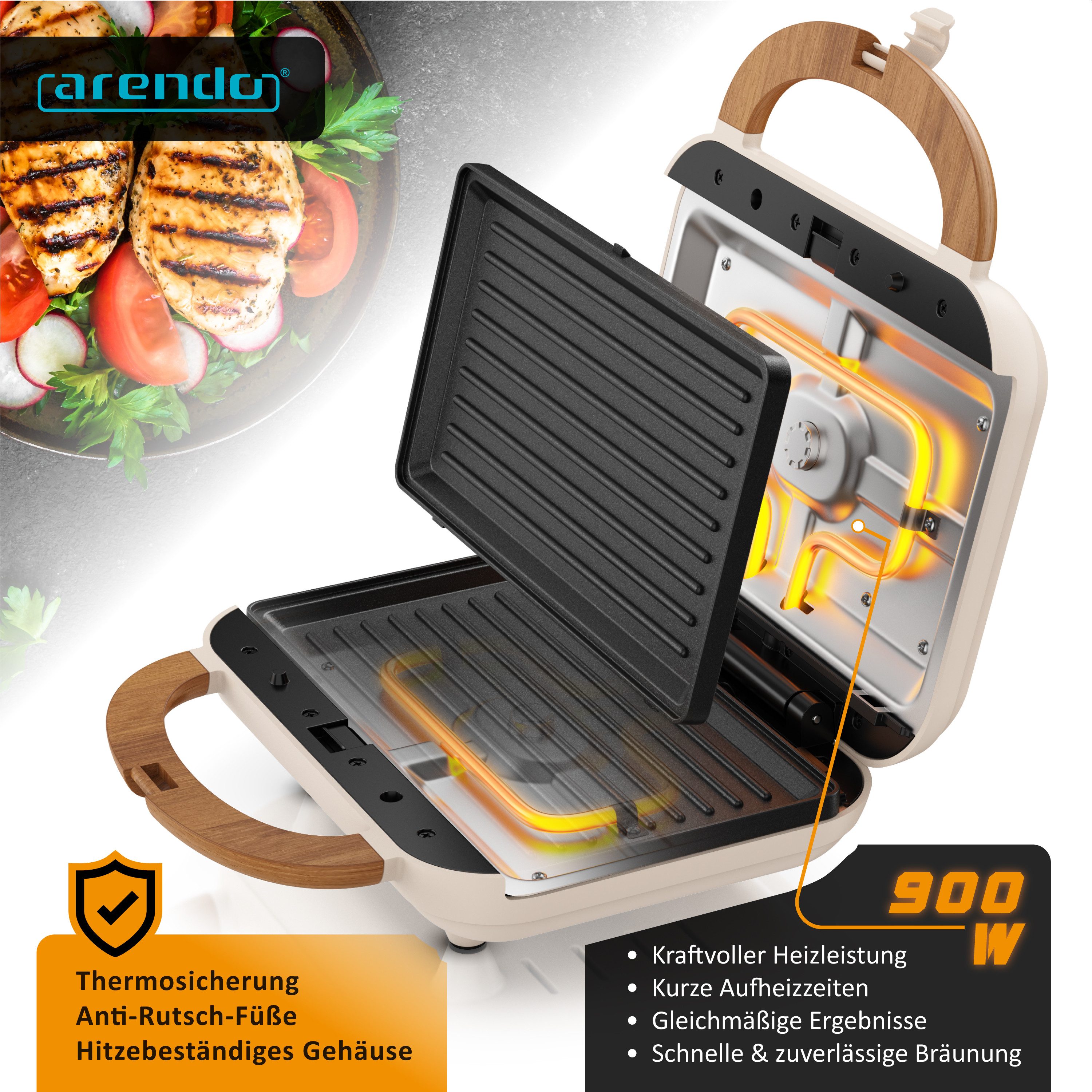 Arendo 3-in-1-Sandwichmaker 3in1 Sandwichmaker, Waffeleisen & Kontaktgrill mit Wechselplatten, 900 W, 2 Zonen Panini Grill mit Wechselplatten & Temperaturkontro – Bild 4 von 5