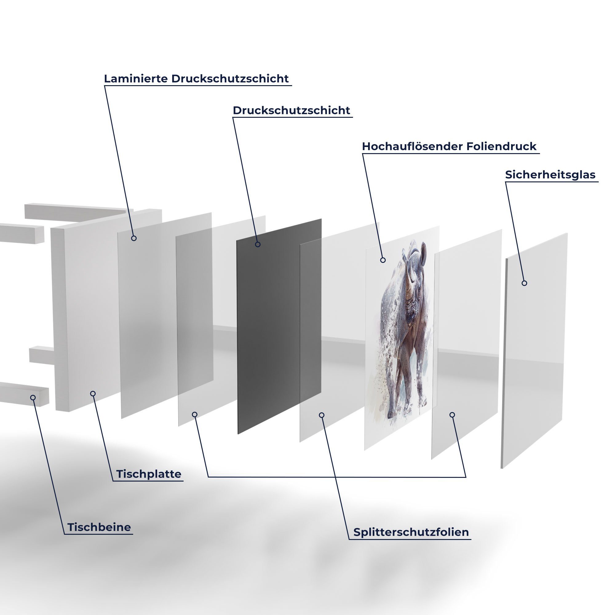 Aquarell', DEQORI Weiß modern Couchtisch Glas Beistelltisch in Glastisch 'Nashorn