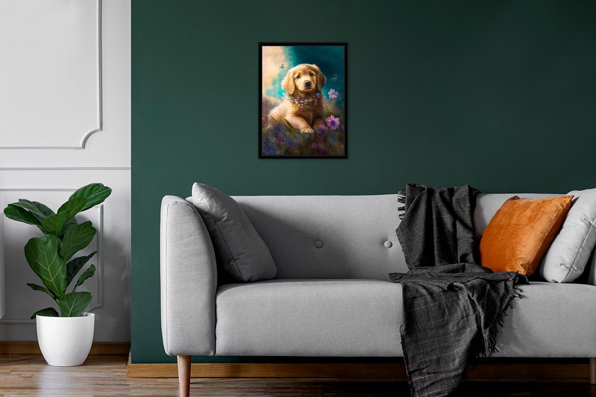 Kunstdruck, Rahmen, (1 MuchoWow Gerahmtes mit Poster Schmetterling Golden Hund - Bilderrahmen - Poster, - St), Welpe Retriever, Schwarzem Blumenkranz -