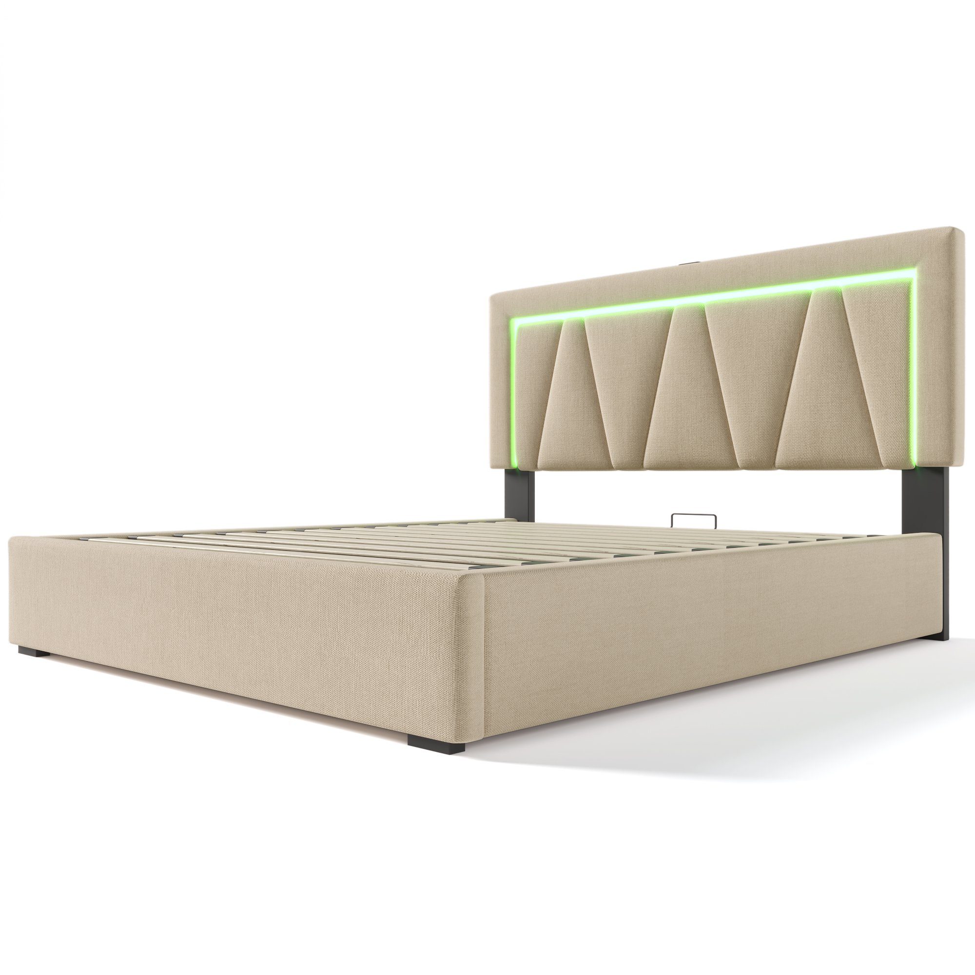 Polsterbett (Stauraumbett mit Lattenrost, 160x200cm), LED Doppelbett mit USB Typ C Ladefunktion, Leinen, Ohne Matratze