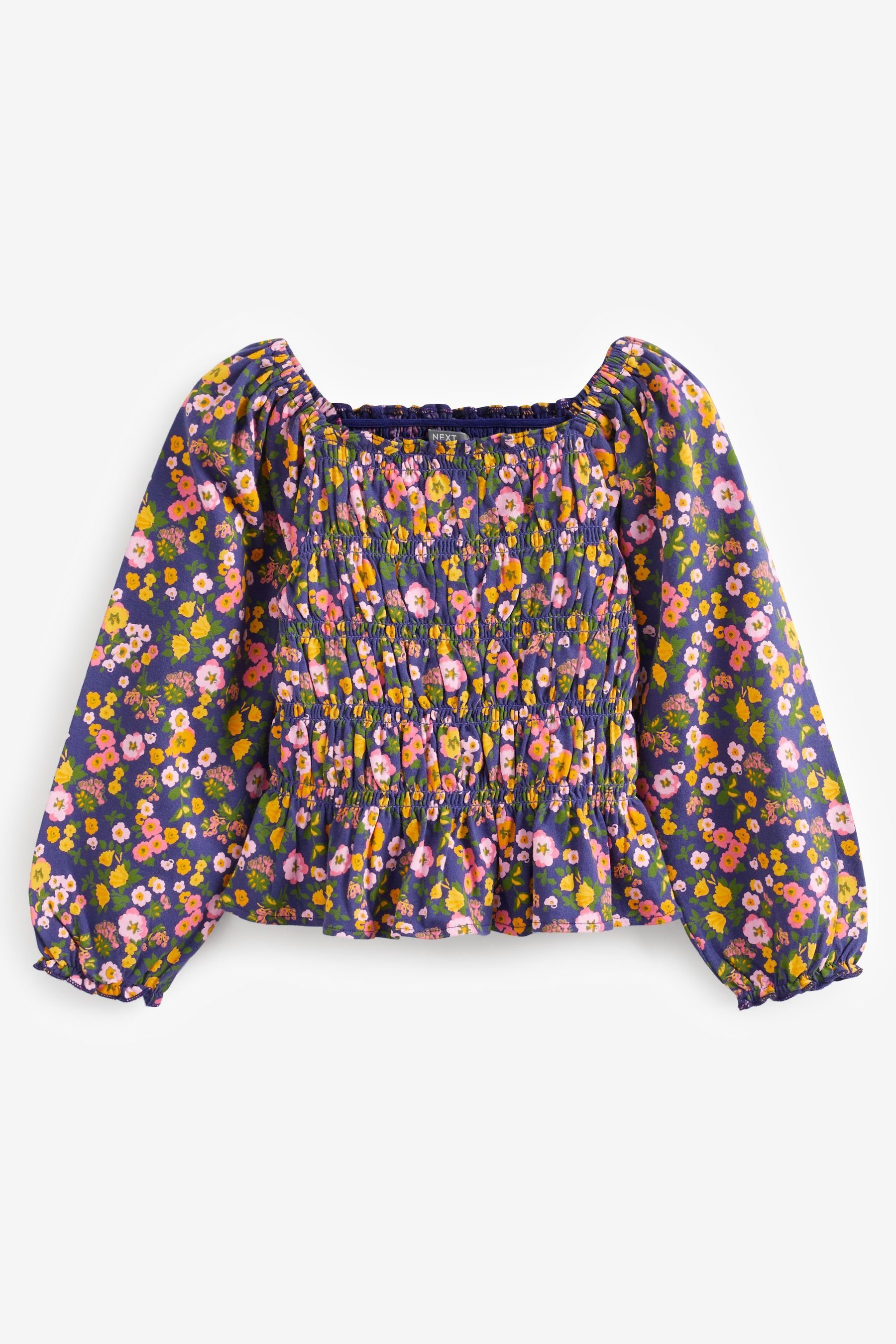 Ditsy Langarmshirt Gesmoktes Navy (1-tlg) Blue/Pink Next Top Langärmeliges,