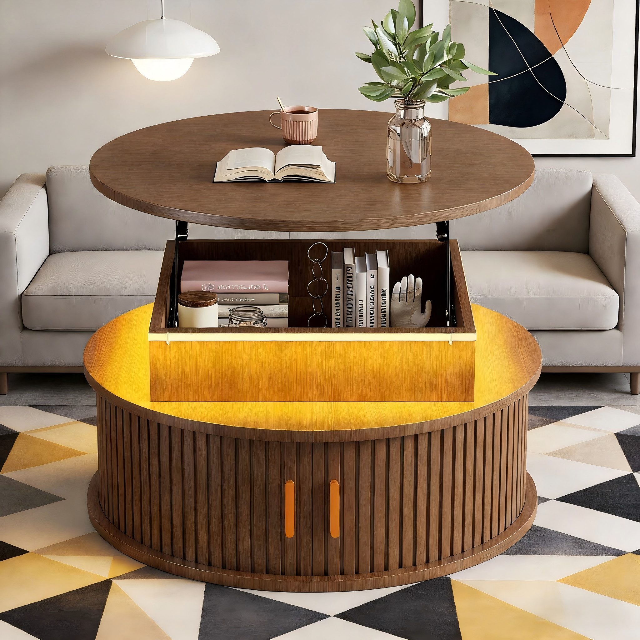 Merax Couchtisch hochglanz Sofatisch höhenverstellbar Beistelltisch mit LED-Beleuchtung (Versteckter Stauraum & Höhenverstellbare Tischplatte, 1-St), Runder Wohnzimmertisch mit 2 Rollladentüren & Stauraum, 75x75x52cm