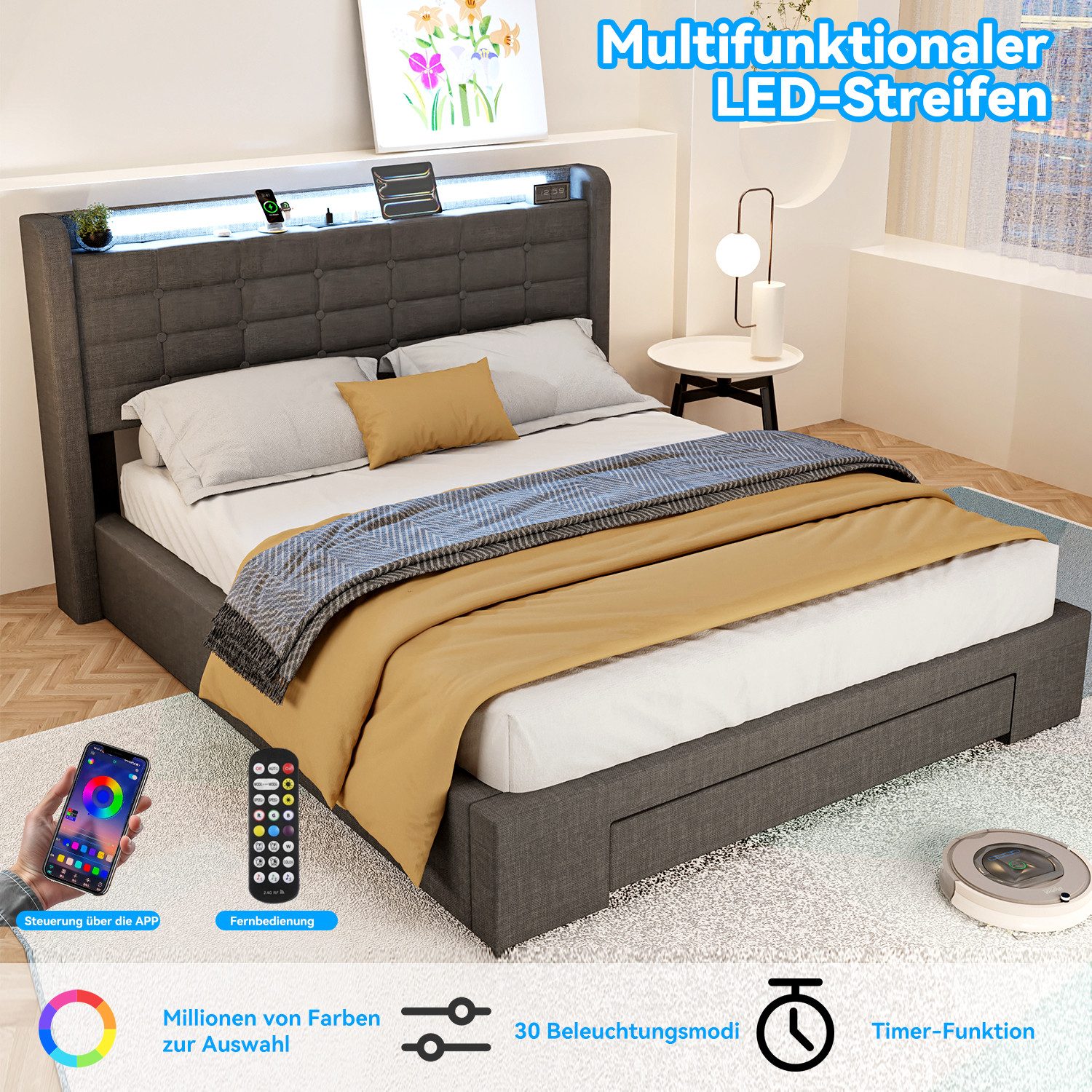 oyajia Polsterbett Stauraumbett Doppelbett mit LED günstig online kaufen