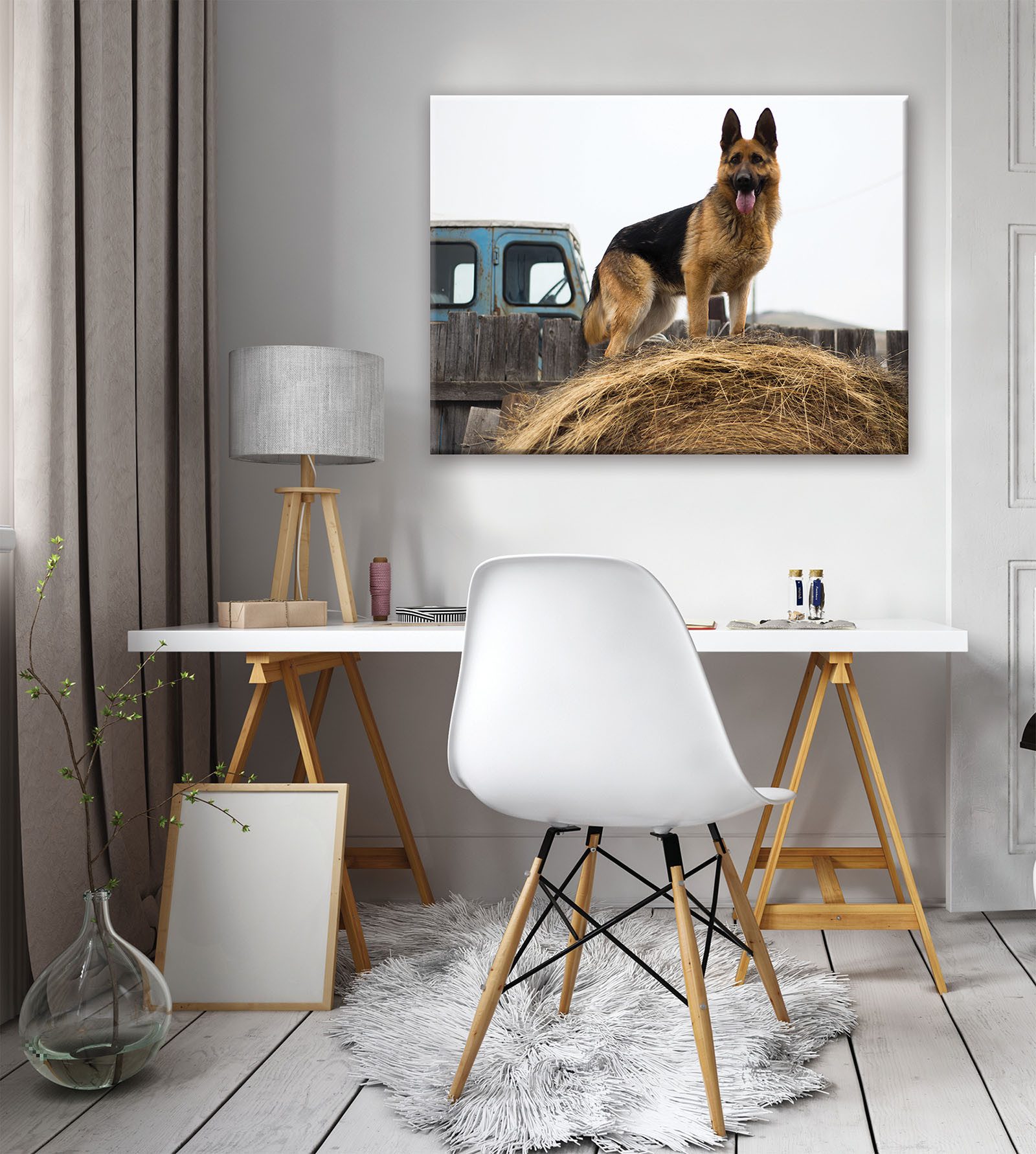 Wallarena Leinwandbild Hund Tiere Auto Modern Wandbilder Wand Deko XXL Bilder, Schäferhund (Einteilig, 1 St), Leinwand Bilder Wohnzimmer Schlafzimmer Küche Wandbild Leinwandbilder