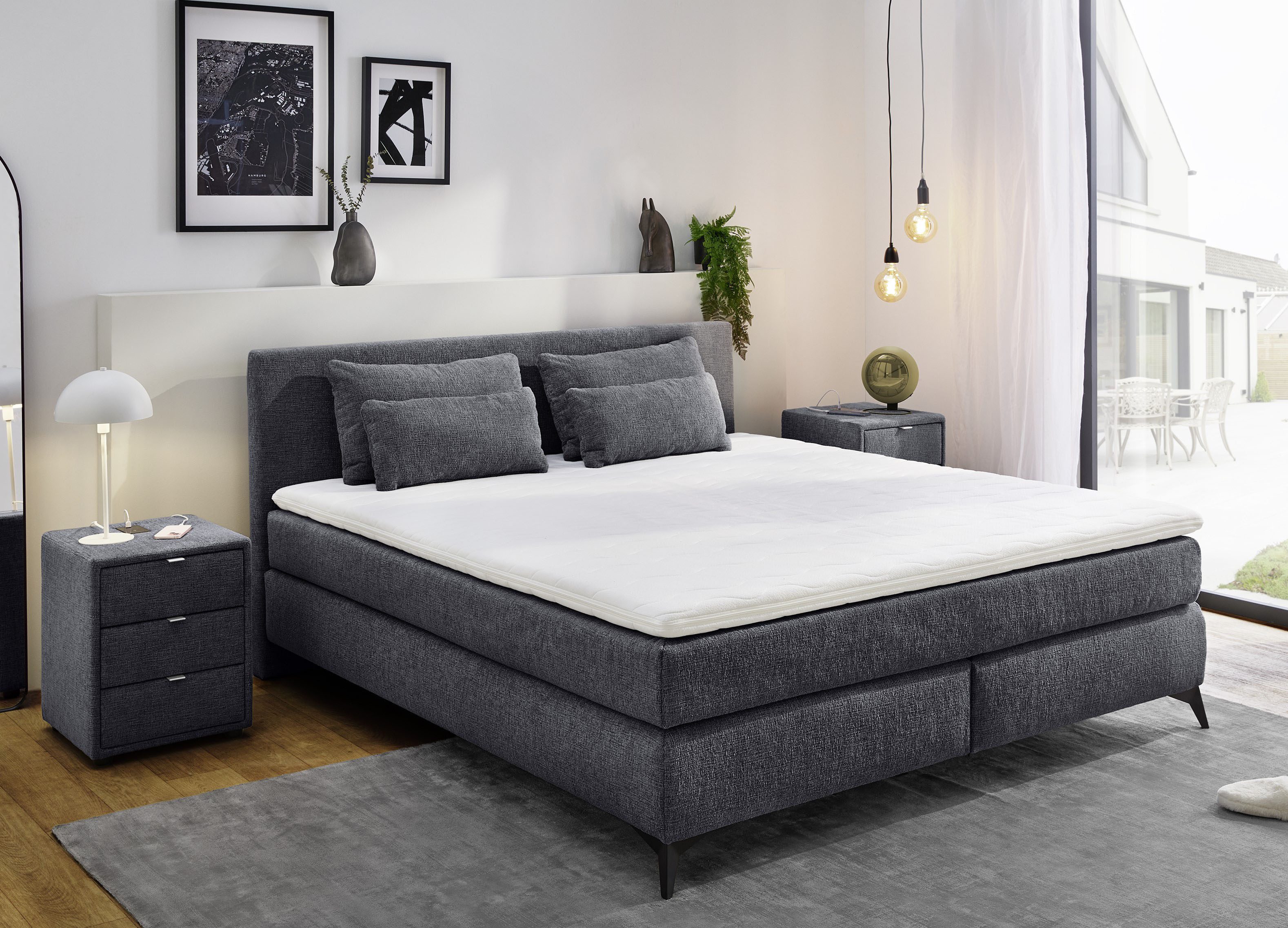 Jockenhöfer Gruppe Boxspringbett Paulina, inkl. Topper & Kissen, Härtegrade wählbar, 2 Stoffqualitäten, 140x200 cm oder 180x200cm, Chenille oder Cord