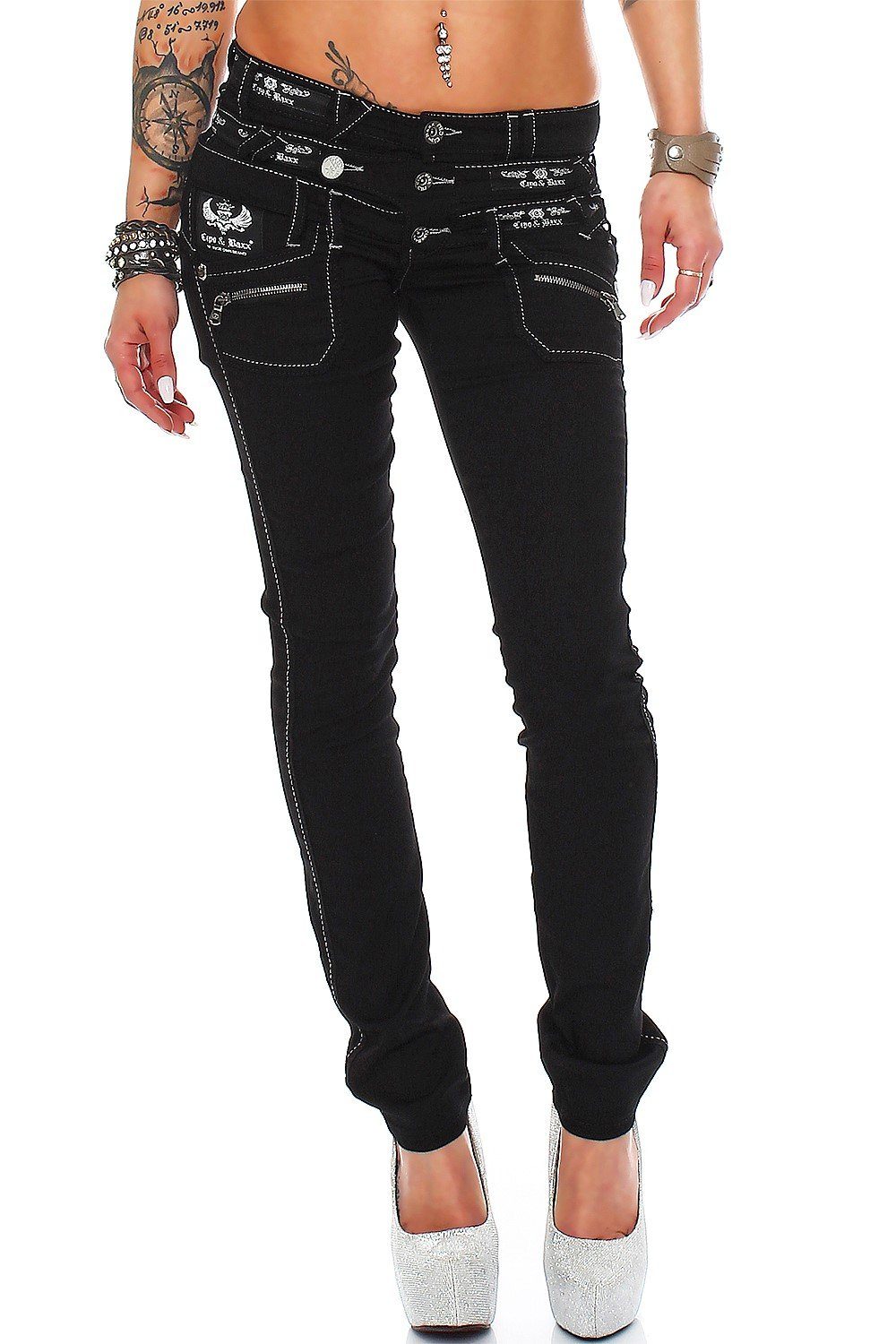Cipo & Baxx Regular-fit-Jeans Damen Regular Fit Hose Mid Waist BA-CBW0313 (1-tlg) mehrfache Logos und aufgenähte Reißverschlüsse