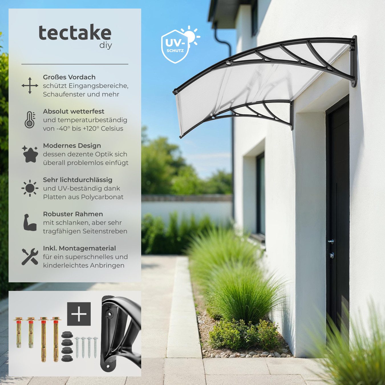 tectake Anbaudach Vordach transparent, wetterfest und UV-beständig, 150 x 93 cm, in Bogenform für Haustier, Balkon und Garten