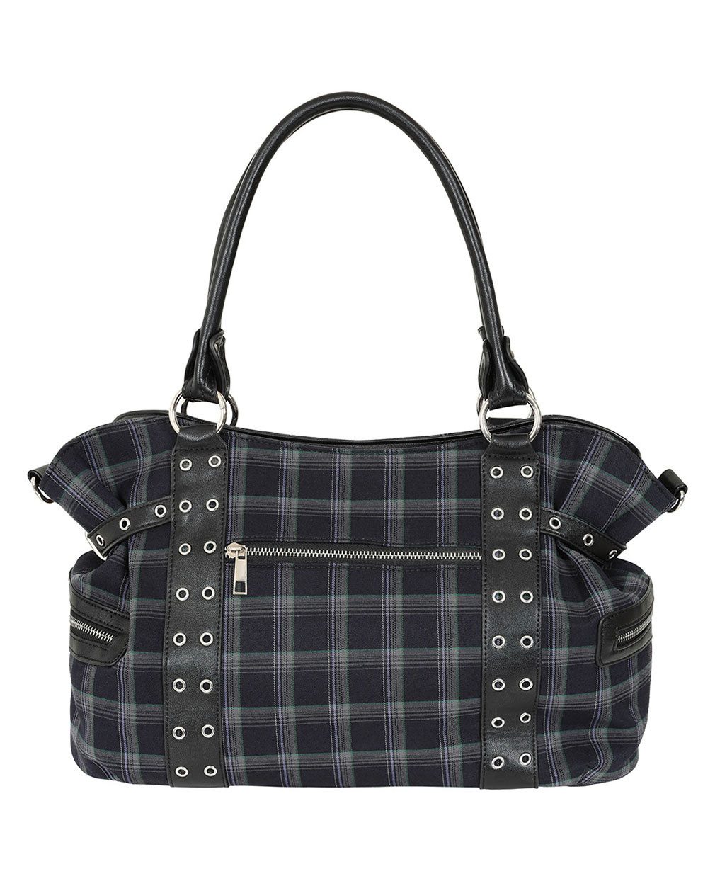 Banned Schultertasche Rise Up Grau, Tartan Handtasche Punk Nieten