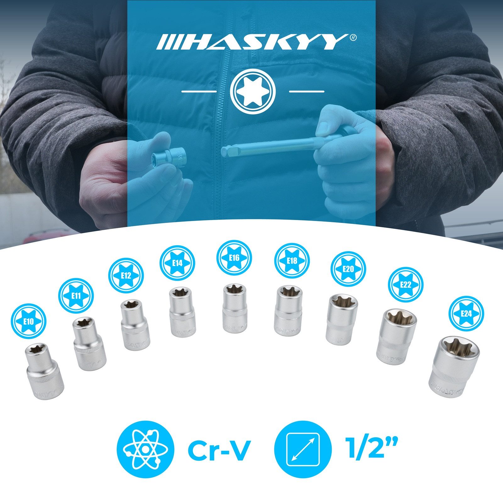 HASKYY Stecknüsse Torx Steckschlüssel Satz 9tlg E10-E24 Nüsse 1/2 Zoll Außentorx Nuss St