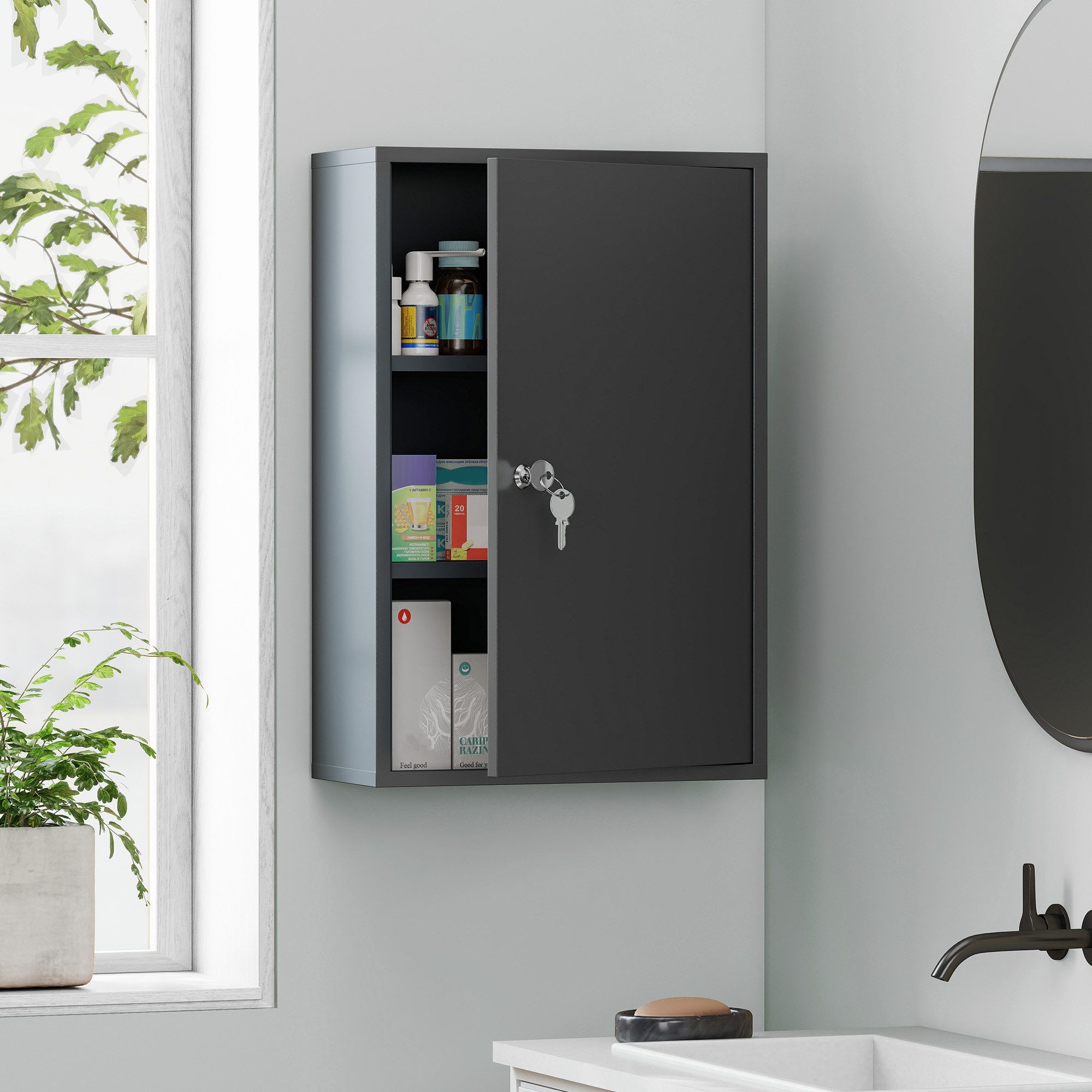 Kleankin Medizinschrank Medikamenten-Aufbewahrung Metall (Arzneischrank, 1-St., Medikamentenschrank) Abschließbar, 3 Fächer, Wandmontage
