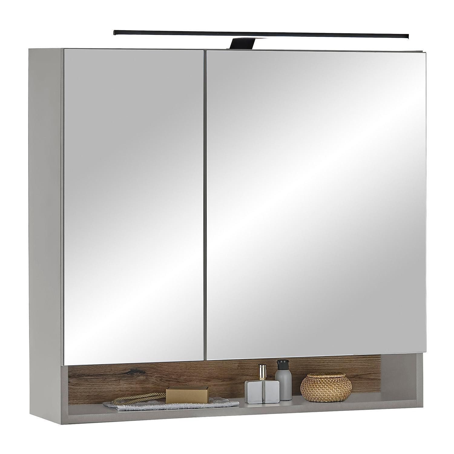 Bega Consult Spiegelschrank DENVER, 2 Spiegeltüren, Grau, mit LED-Aufsatzleuchte, B 80 x H 75 x T 22 cm