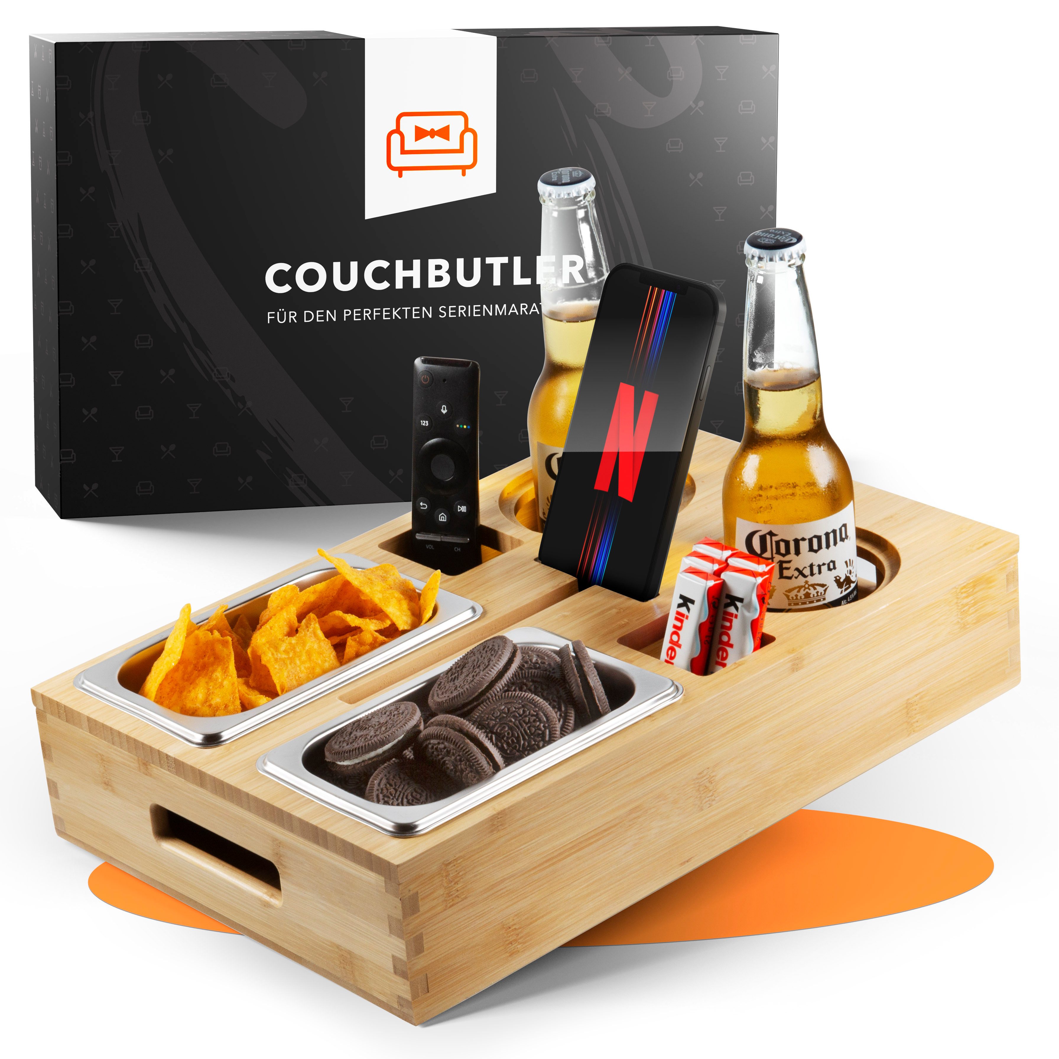 NewHabitat Servierplatte Couchbar Snackbox aus Bambus Personalisierbar inkl. Geschenkbox, Nicht Personalisiert, (Geschenkset, Couchbutler), Perfekt als Geschenk