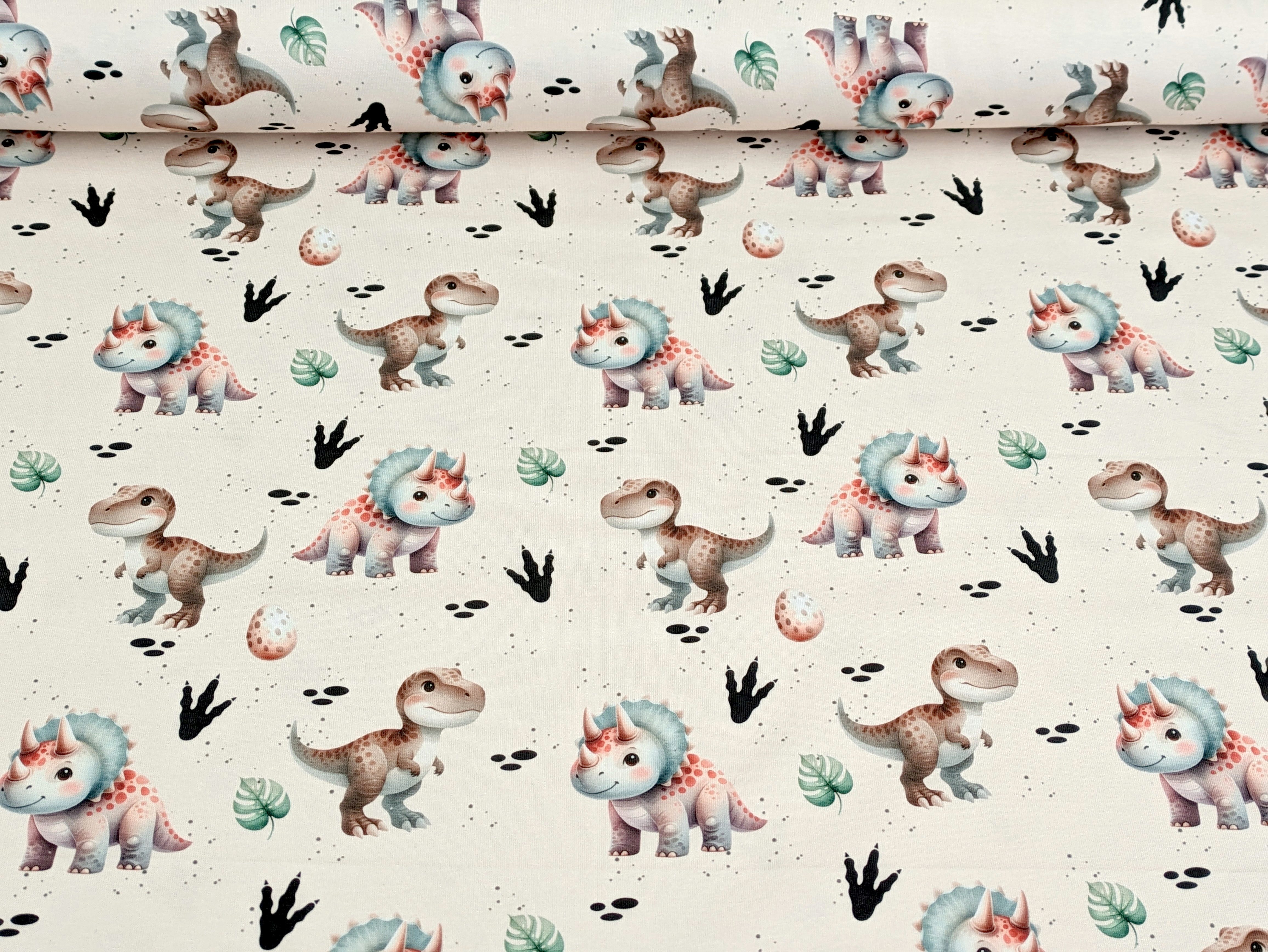 Corileo Stoff EP Bio Baumwolljersey Aquarell Kinder Dinos auf Beige Stoff