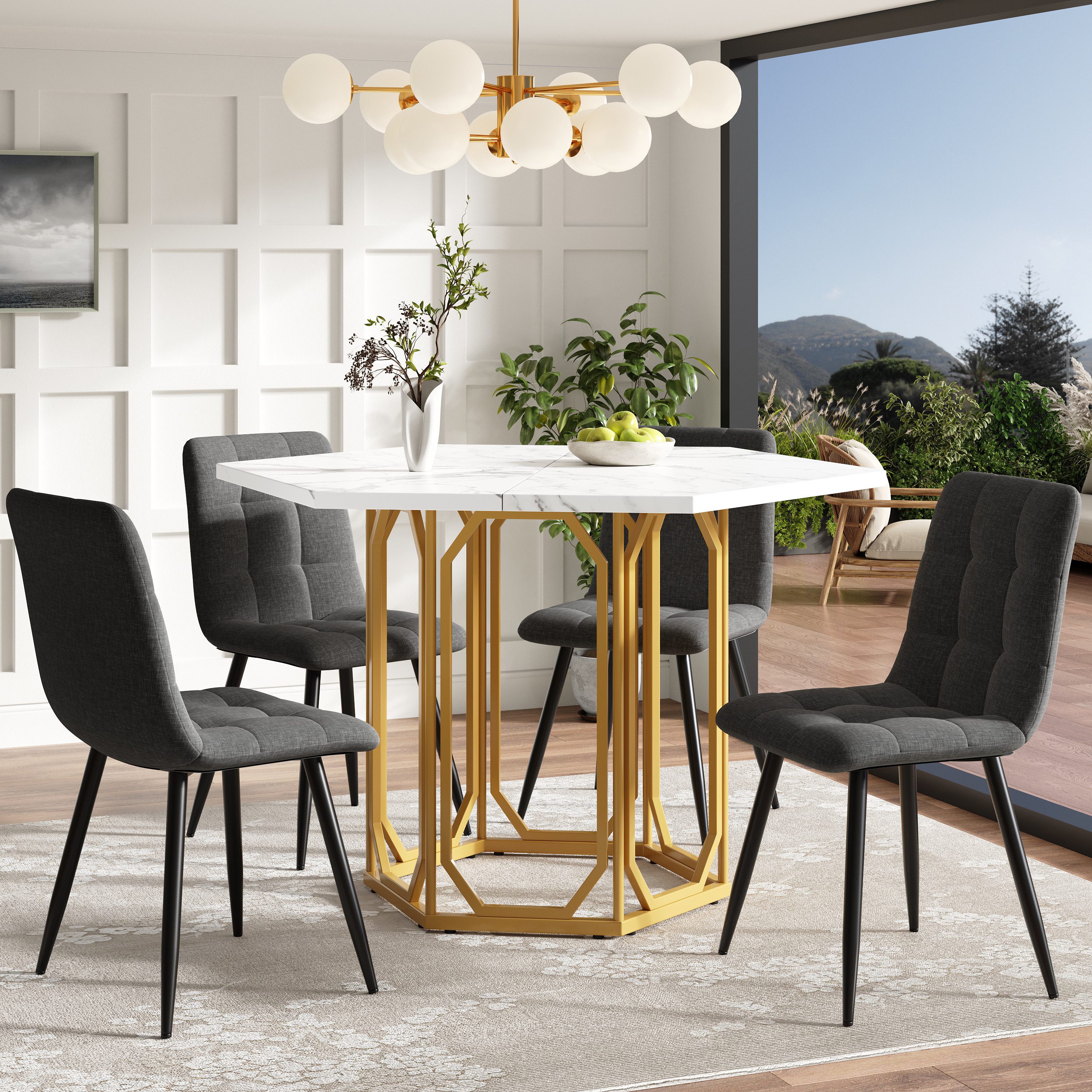 Flieks Esstisch (B110,2/T95,4/H75,5 cm, Mit verstellbaren Fußpolstern, 1-St., 1 Tisch), Sechseckiger Küchentisch Marmoroptik, goldene Metallbeine