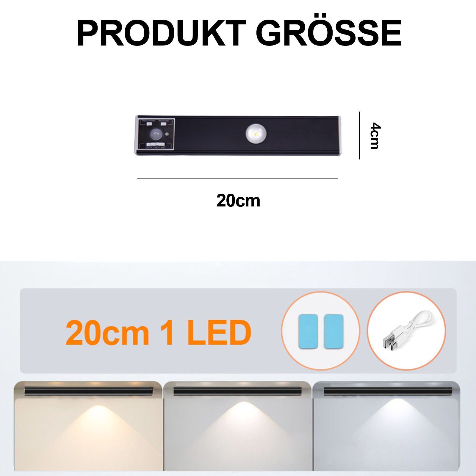 Rosnek LED Lichtleiste Wiederaufladbar, 3 Lichtfarben, dimmbar, für Schrank Garderobe Treppe, 3000K Warmweiß, 4500K Naturweiß, 6500K Kaltweiß, Küche Schlafzimmer Deko