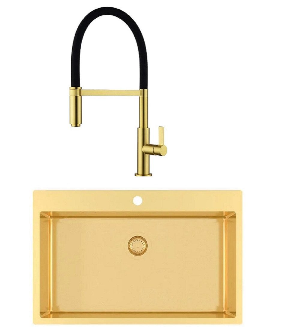 GURARI Edelstahlspüle TERRA 100 M+COLOS 7003 G, Edelstahlspüle mit Küchenarmatur Gold Design, (2 St)