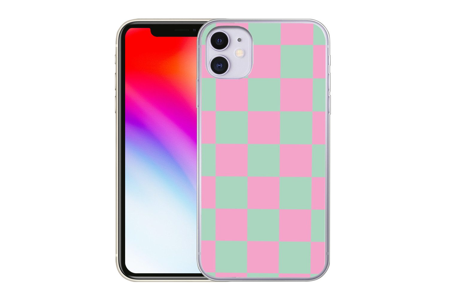 MuchoWow Handyhülle für Apple iPhone 11 Schachbrettmuster - Grün - Rosa - Würfel, Smartphone-Bumper, Print, Handy Schutzhülle Dünn