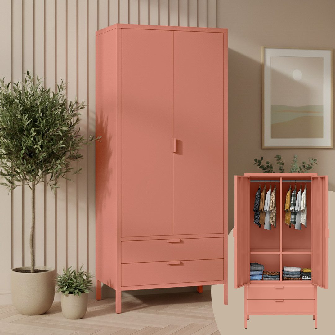 skølm Kleiderschrank Ituri aus Metall (Terrakotta) Schrank mit 6 Fächern, 2 Schubladen & 2 Kleiderstangen, 170x80x45 cm