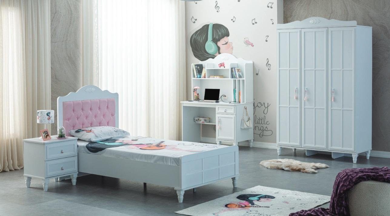 JVmoebel Schlafzimmer-Set Weiß Gruppe Kinderbett Kindermöbel Kinderzimmer Bett Holz Set 4tlg, (4-St., Kinderbett, Nachttisch, Kleiderschrank, Schreibtisch), Made in Europa