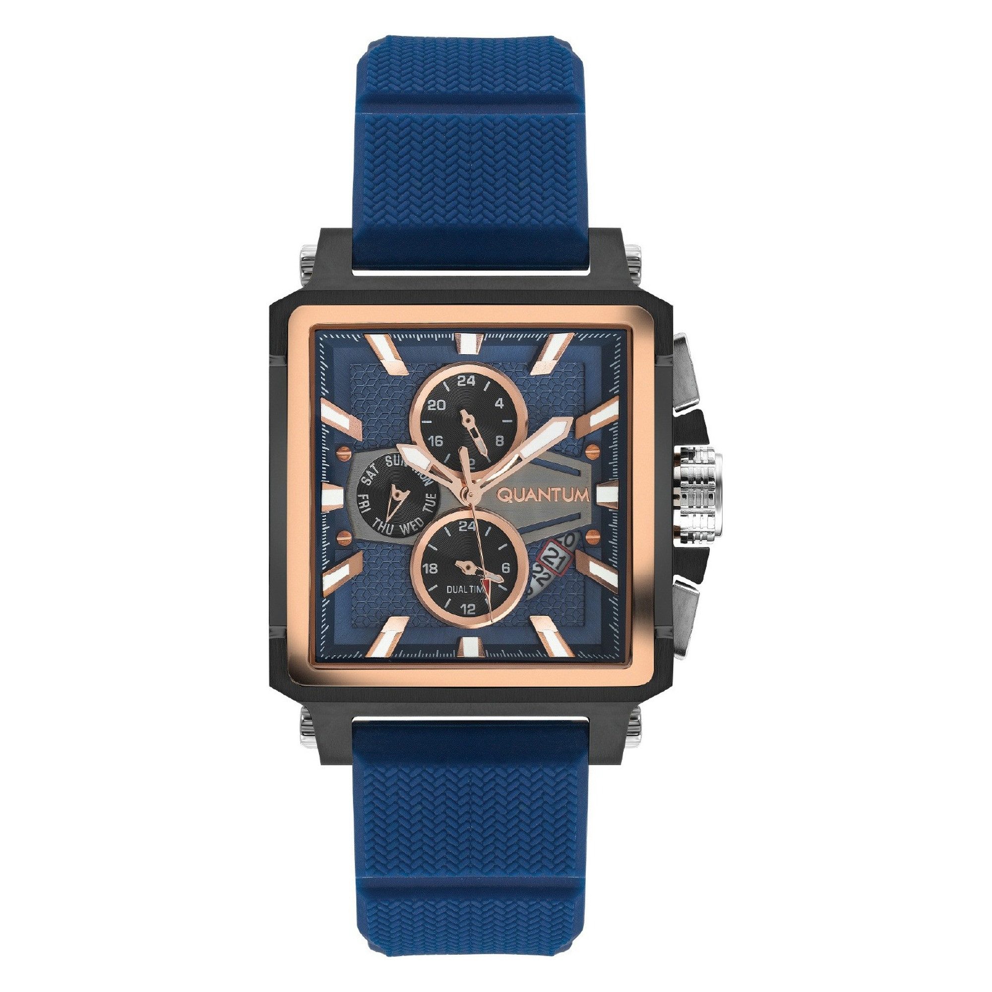 QUANTUM Multifunktionsuhr Herrenuhr mit Silikonarmband, 41,5 mm, Herren Armbanduhr dunkelblaues Zifferblatt, anthrazit-roségold – HNG969.090, (1-tlg), Mineralglas, 5 ATM, inkl. Geschenkbox