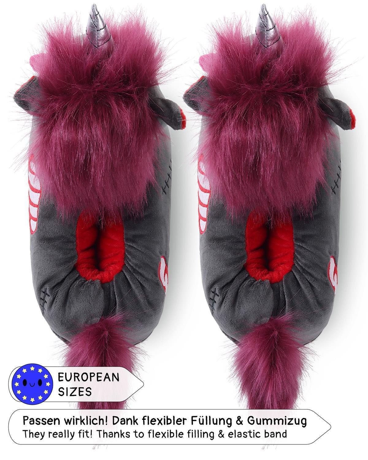 Corimori Gruselige Zombie Einhorn Pantoffeln, Halloween Plüsch Hausschuhe (Packung, Geschenk) weiche Slipper, EU Einheitsgröße 34-44, Doomy das Zombie Einhorn