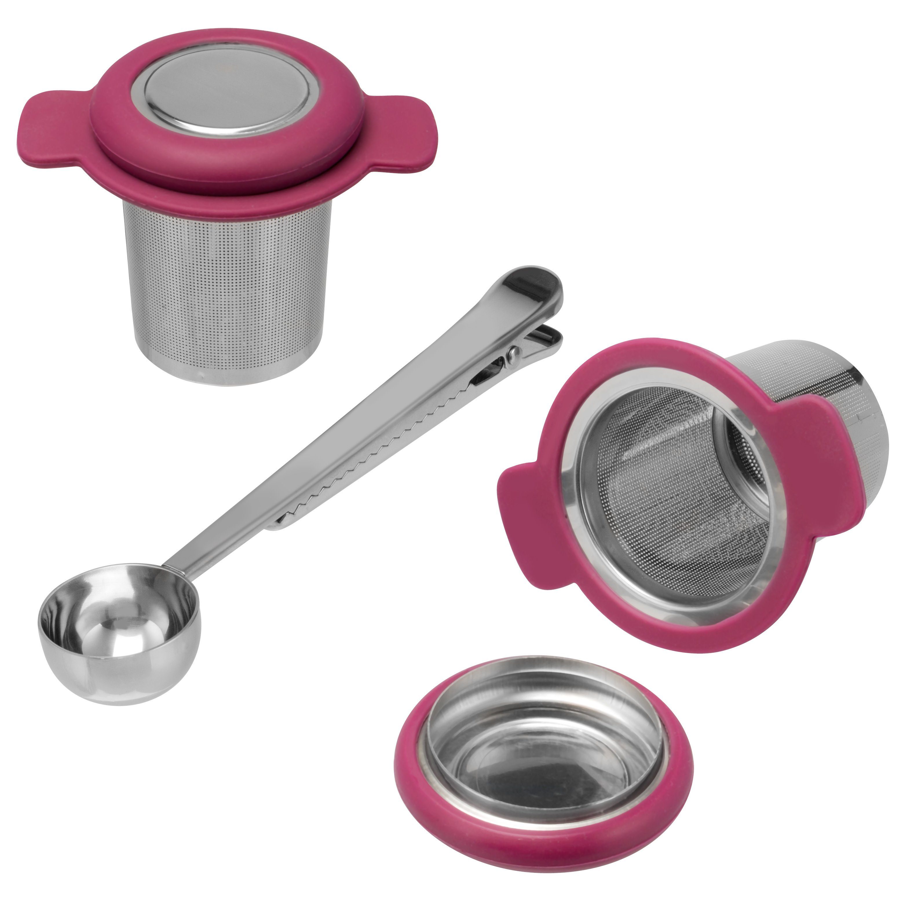 bremermann Teesieb Teesieb 3er Set mit Portionslöffel, Dauer-Teefilter und Deckel, berry