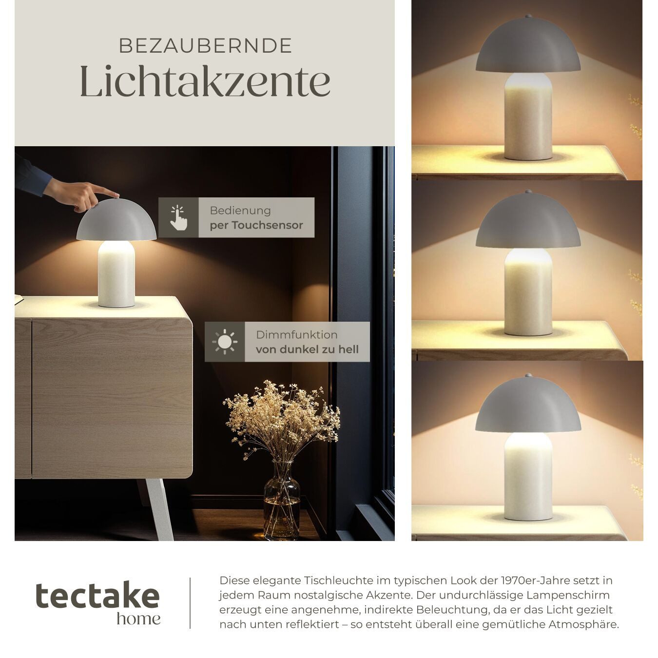 tectake Schreibtischlampe Akku-Tischlampe, Dimmbar, nicht relevant, Kleine Retro-Tischleuchte im angesagten Pilzdesign der 70er-Jahre