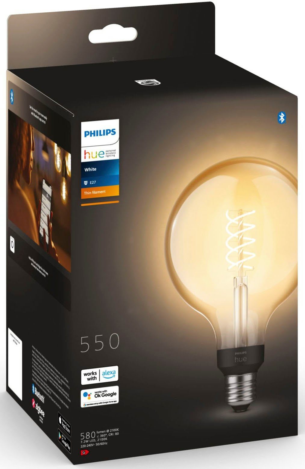 Philips E27, E27 LED-Filament G125 Warmweiß Hue Filament St., Globe White 1 550lm,