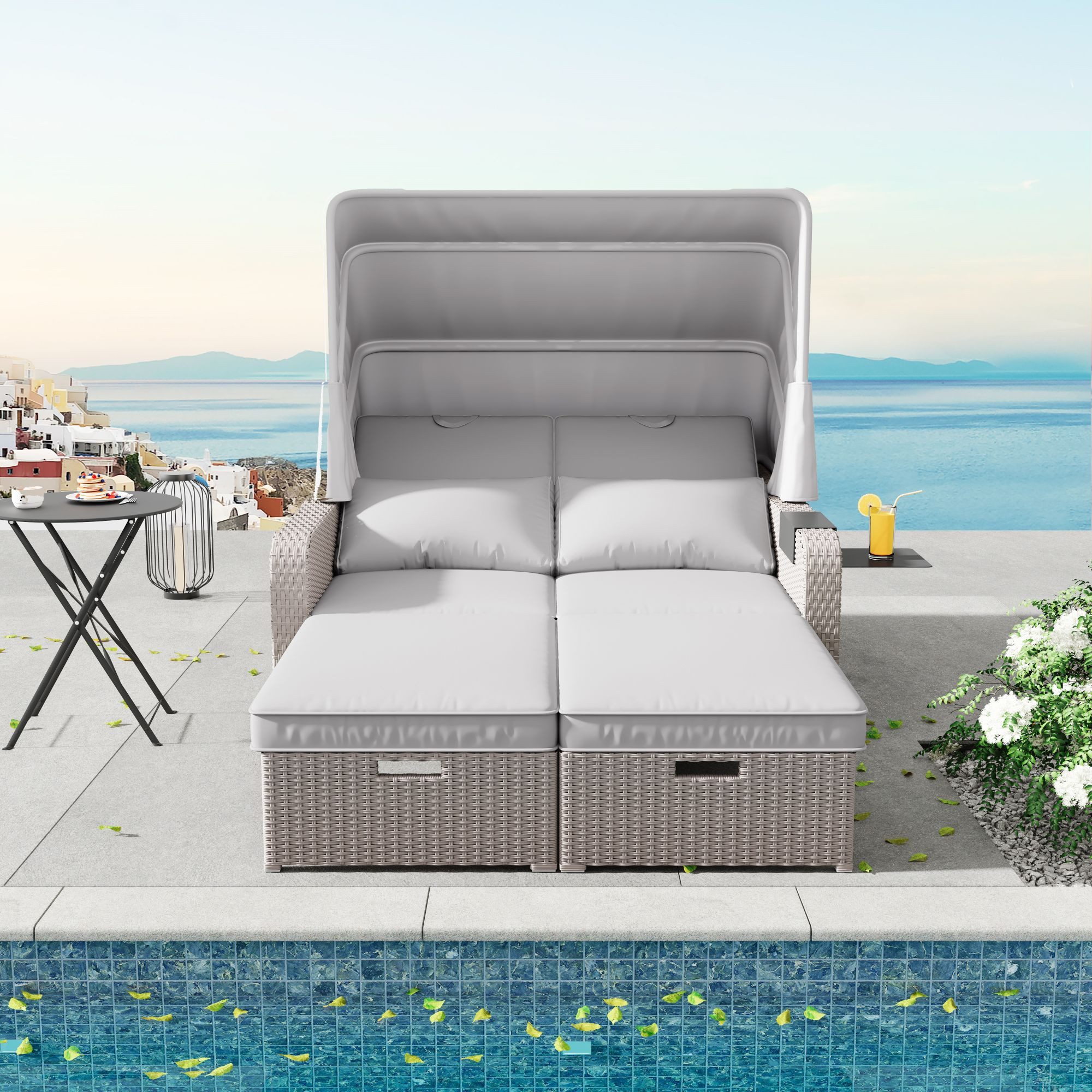 Celya Gartenlounge-Set Gartenlounges, Gartenmöbel Set 2 Personen, Gartensofa, Loungesofa, (Abnehmbare Markise,Polyrattan und Schwamm, Khaki), Polyrattan Gartenmöbel für 2 Personen
