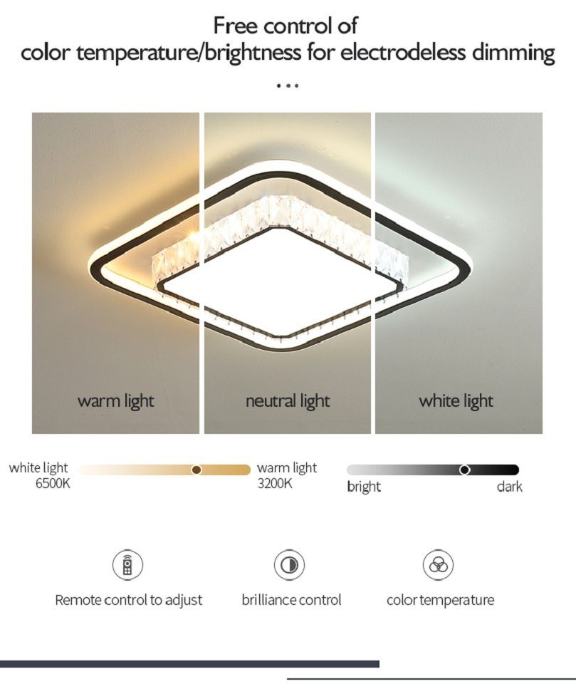 57W Schwarz dimmbar Fernbedienung LED Deckenlampe mit Kaltweiß, LED Neutralweiß, Deckenleuchten stufenlos fest Wohnzimmer, Quadrat Warmweiß, Dimmbar Deckenleuchte integriert, Daskoo LED