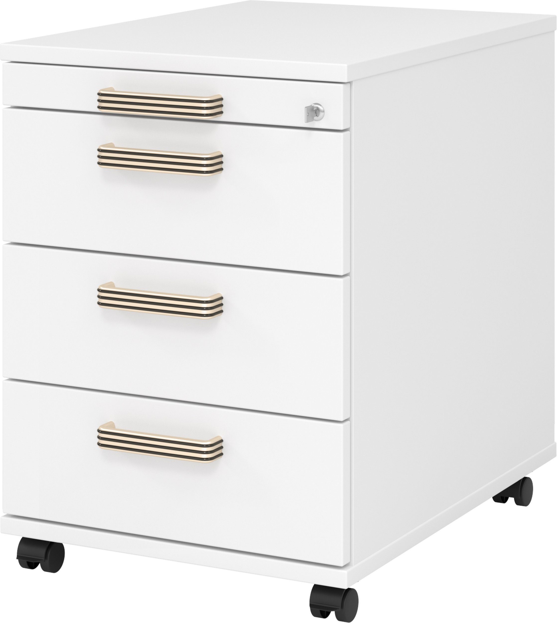 bümö Rollcontainer office Bürocontainer - 3 Materialschubladen, Dekor: Weiß mit Streifengriff (Kunststoff)