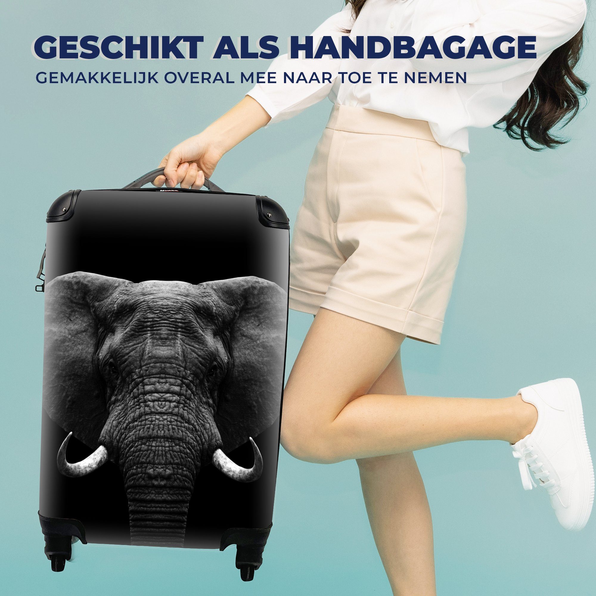 4 Weiß, Ferien, Elefant mit Handgepäckkoffer Schwarz Tiere - - Reisekoffer Reisetasche für Handgepäck - rollen, Porträt Trolley, - MuchoWow Rollen,