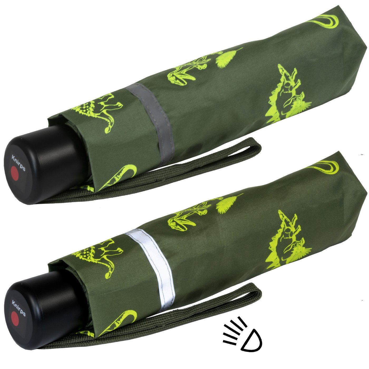 Knirps® Taschenregenschirm Kinderschirm 4Kids reflective mit Reflexborte, Sicherheit auf dem Schulweg, fluoreszierende Dinos