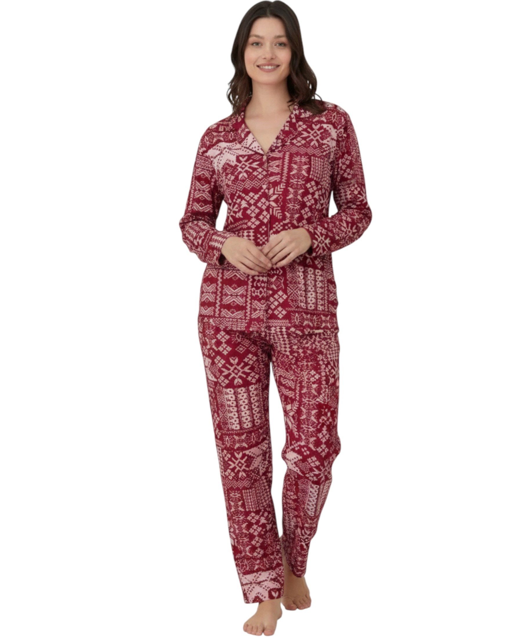 fashionshowcase Hausanzug Damen Pyjama – Schlafanzug mit Norweger Muster, warm & bequem (2 tlg., 2-teiliges Set) Kuschelig weiches Material, winterliches Norweg – Bild 2 von 3